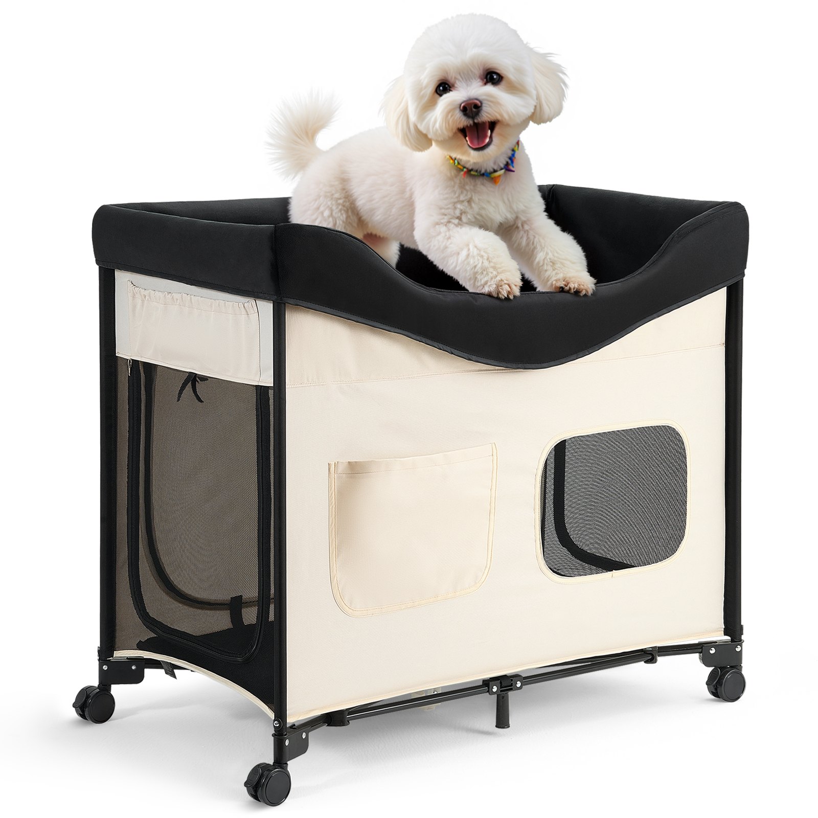 VEVOR Letto Rialzato per Cani Gatti Animali Domestici Cuccia Pieghevole in Tessuto Oxford 600D e Velluto Olandese, Letto Rialzato per Cani Carico max. 45kg con Ruote Tasche Laterali, Taglia L, Beige