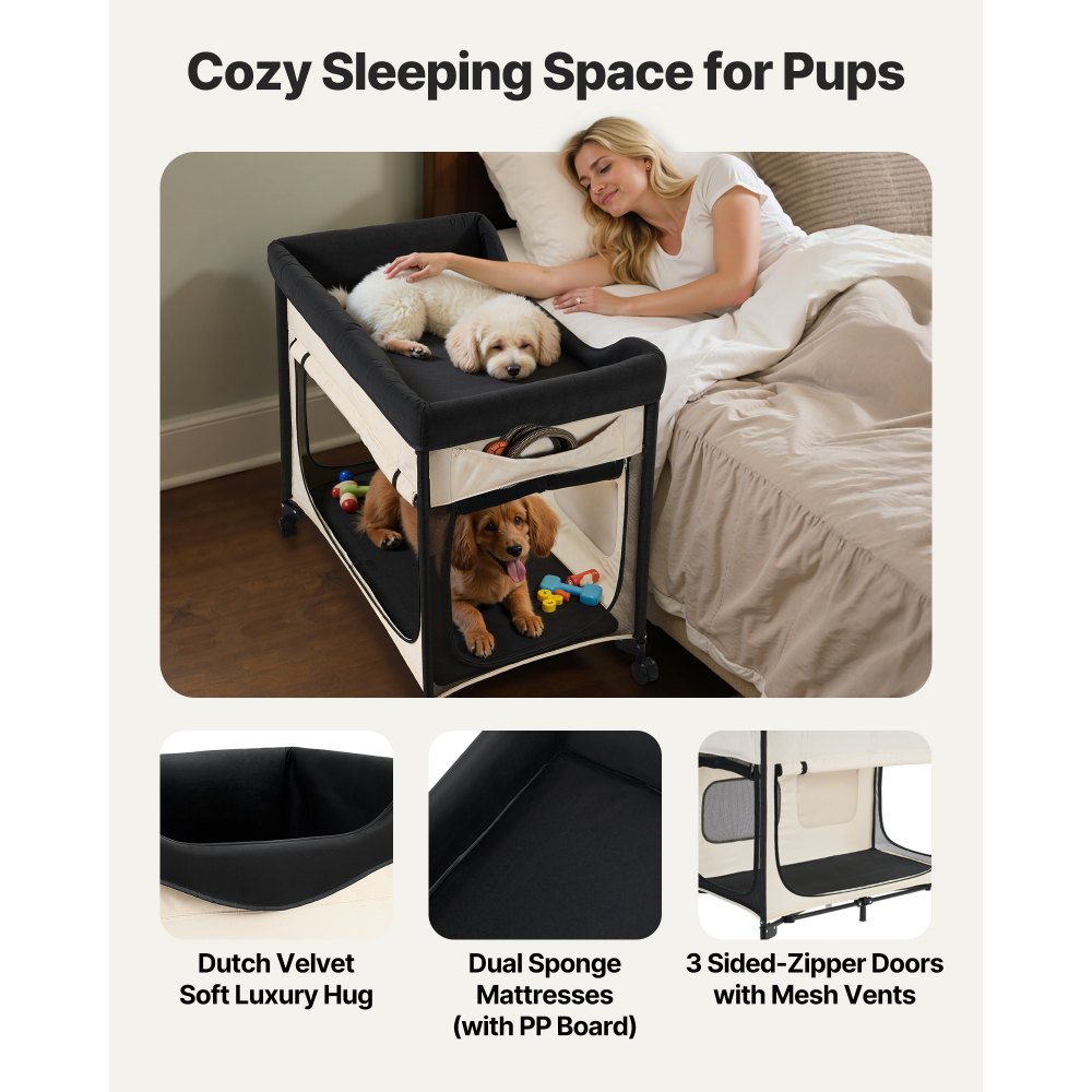 VEVOR Letto Rialzato per Cani Gatti Animali Domestici Cuccia Pieghevole in Tessuto Oxford 600D e Velluto Olandese, Letto Rialzato per Cani con Ruote e Tasche Laterali, Taglia XL, Beige