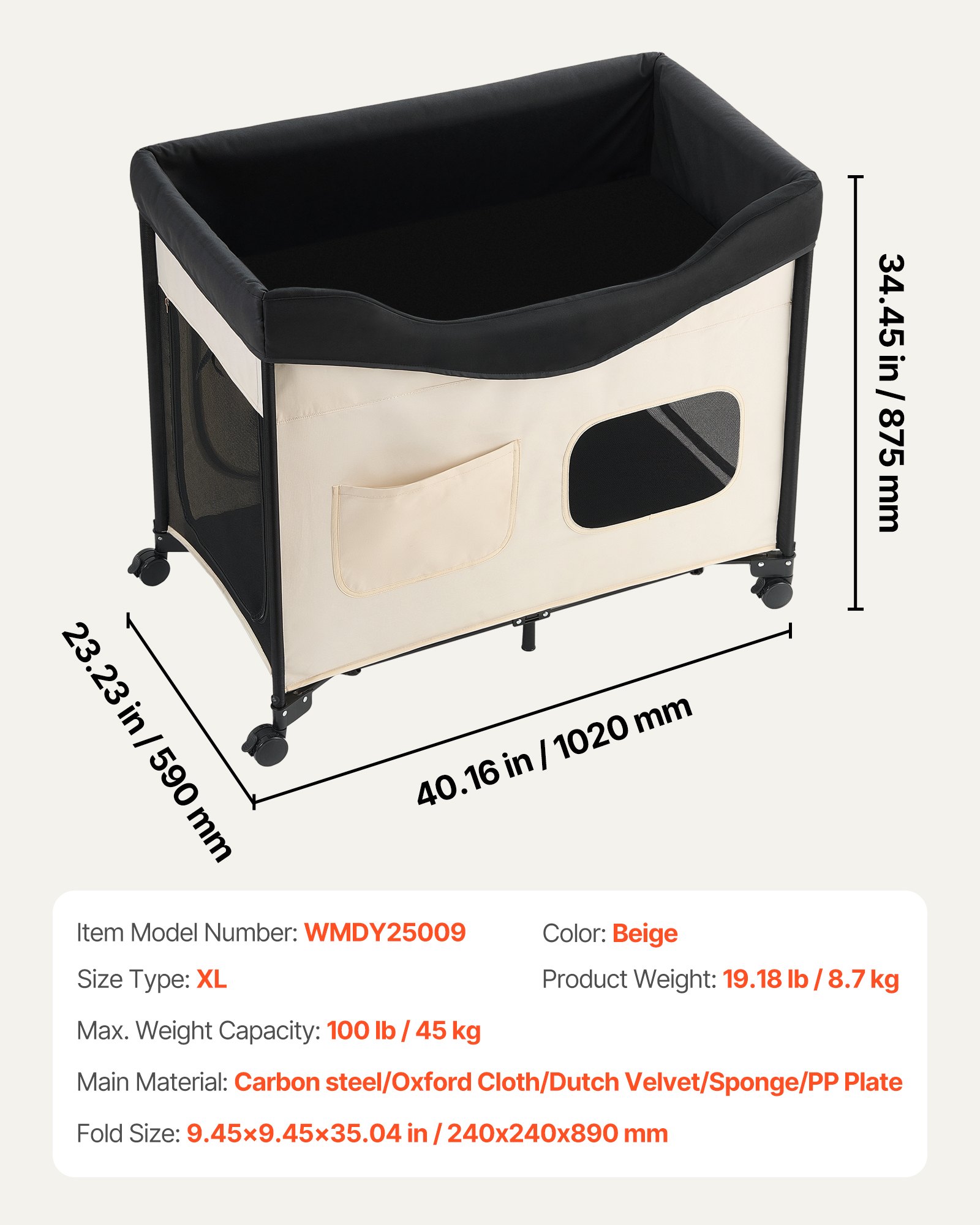 VEVOR Letto Rialzato per Cani Gatti Animali Domestici Cuccia Pieghevole in Tessuto Oxford 600D e Velluto Olandese, Letto Rialzato per Cani con Ruote e Tasche Laterali, Taglia XL, Beige