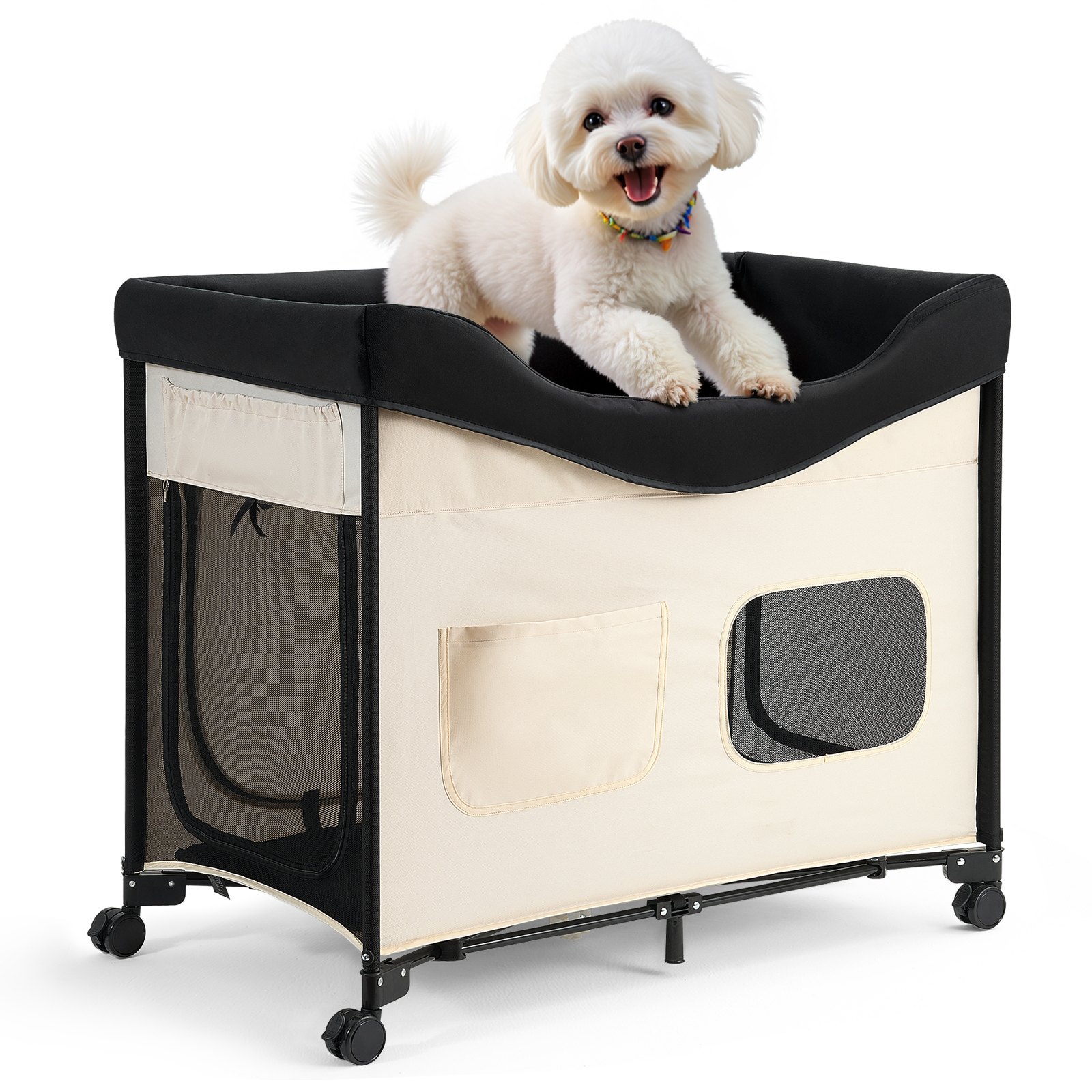VEVOR Letto Rialzato per Cani Gatti Animali Domestici Cuccia Pieghevole in Tessuto Oxford 600D e Velluto Olandese, Letto Rialzato per Cani con Ruote e Tasche Laterali, Taglia XL, Beige