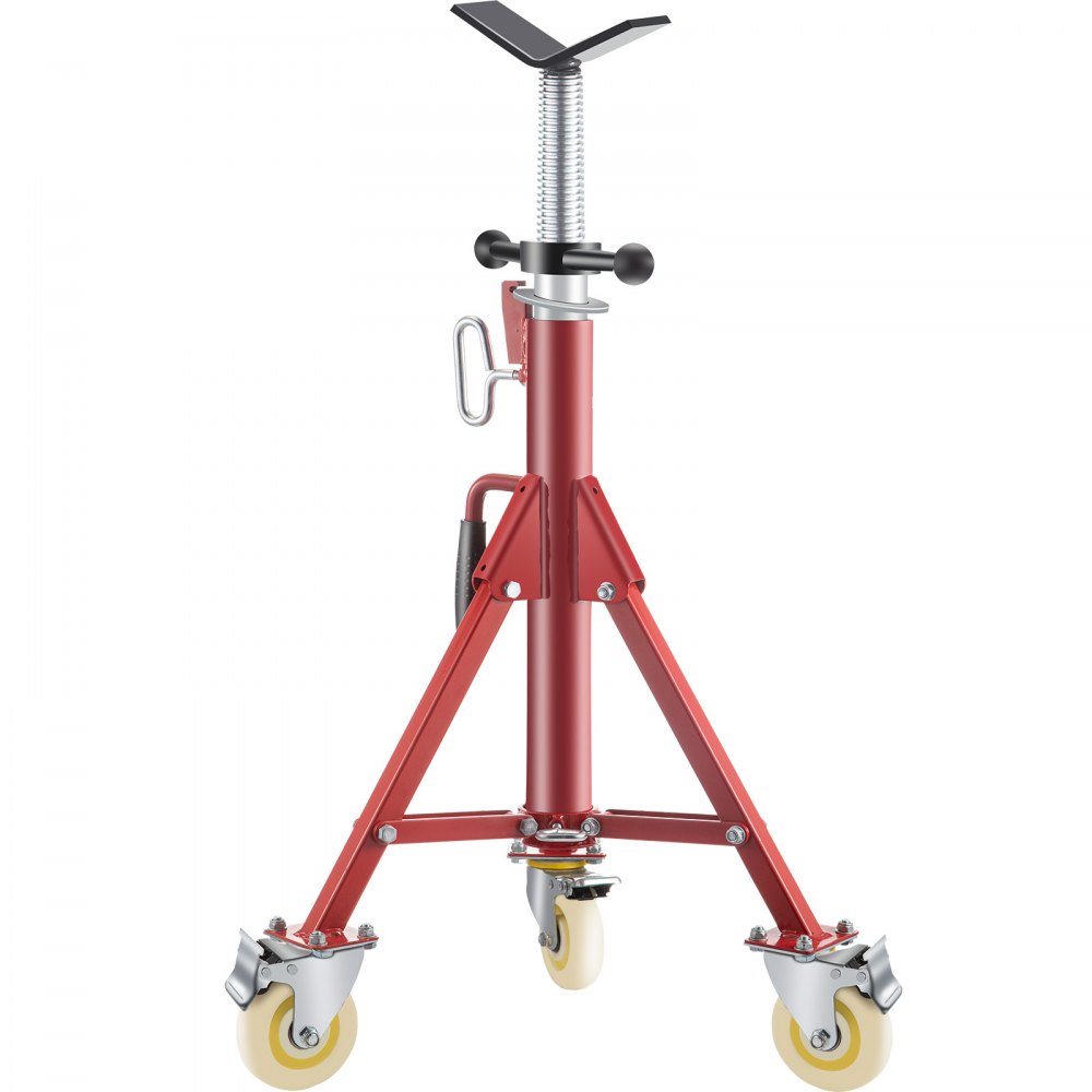 Cavalletto di supporto per tubi VEVOR rosso con altezza regolabile e ruote girevoli per la mobilità.