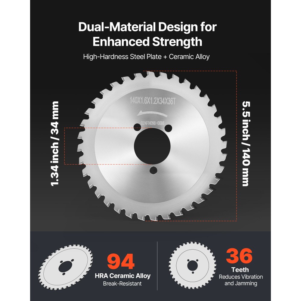 VEVOR Lame di Ricambio per Tagliabarre per Taglio Barre d'Armatura, Lama in Acciaio Trattato Termicamente ad Alta Durezza con Punta in Cermet a 36 Denti, per Tubi in Alluminio 140 x 140 x 1,9 mm