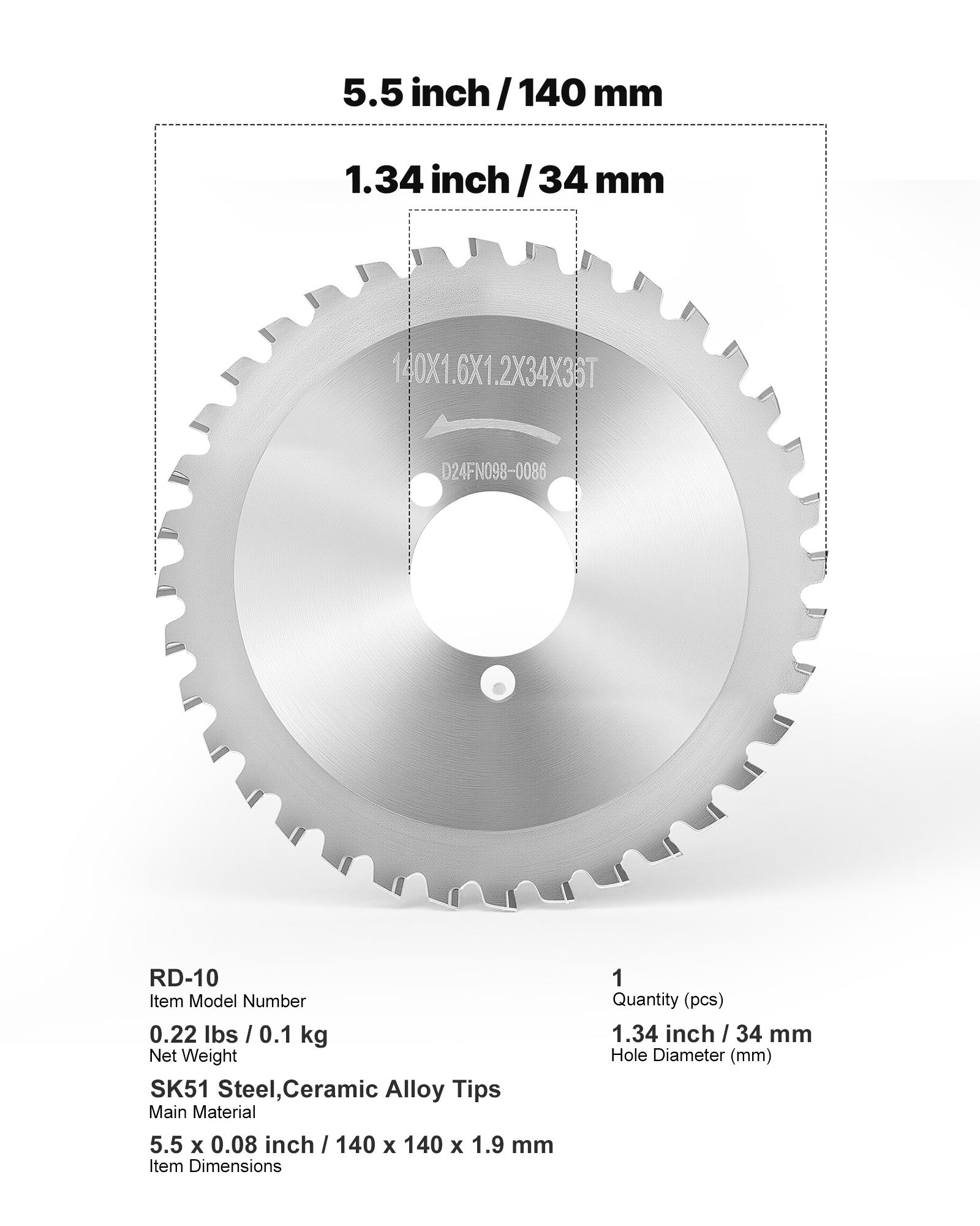 VEVOR Lame di Ricambio per Tagliabarre per Taglio Barre d'Armatura, Lama in Acciaio Trattato Termicamente ad Alta Durezza con Punta in Cermet a 36 Denti, per Tubi in Alluminio 140 x 140 x 1,9 mm