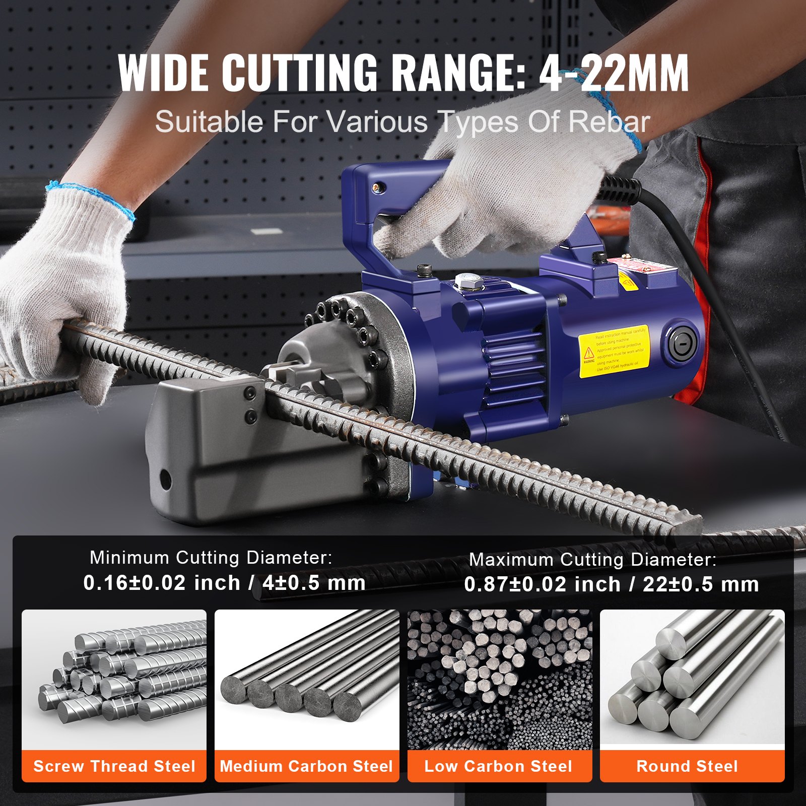 VEVOR Electric Hydraulic Rebar Cutter, Portable 1350W Rebar Cutter, Cuts Up To 7/8 Inch #7 (4-22 mm) Rebar in 3.5 Seconds, Heavy-Duty Rebar Cutter with Tool Case and Oil Can, Black-Blue RC-22