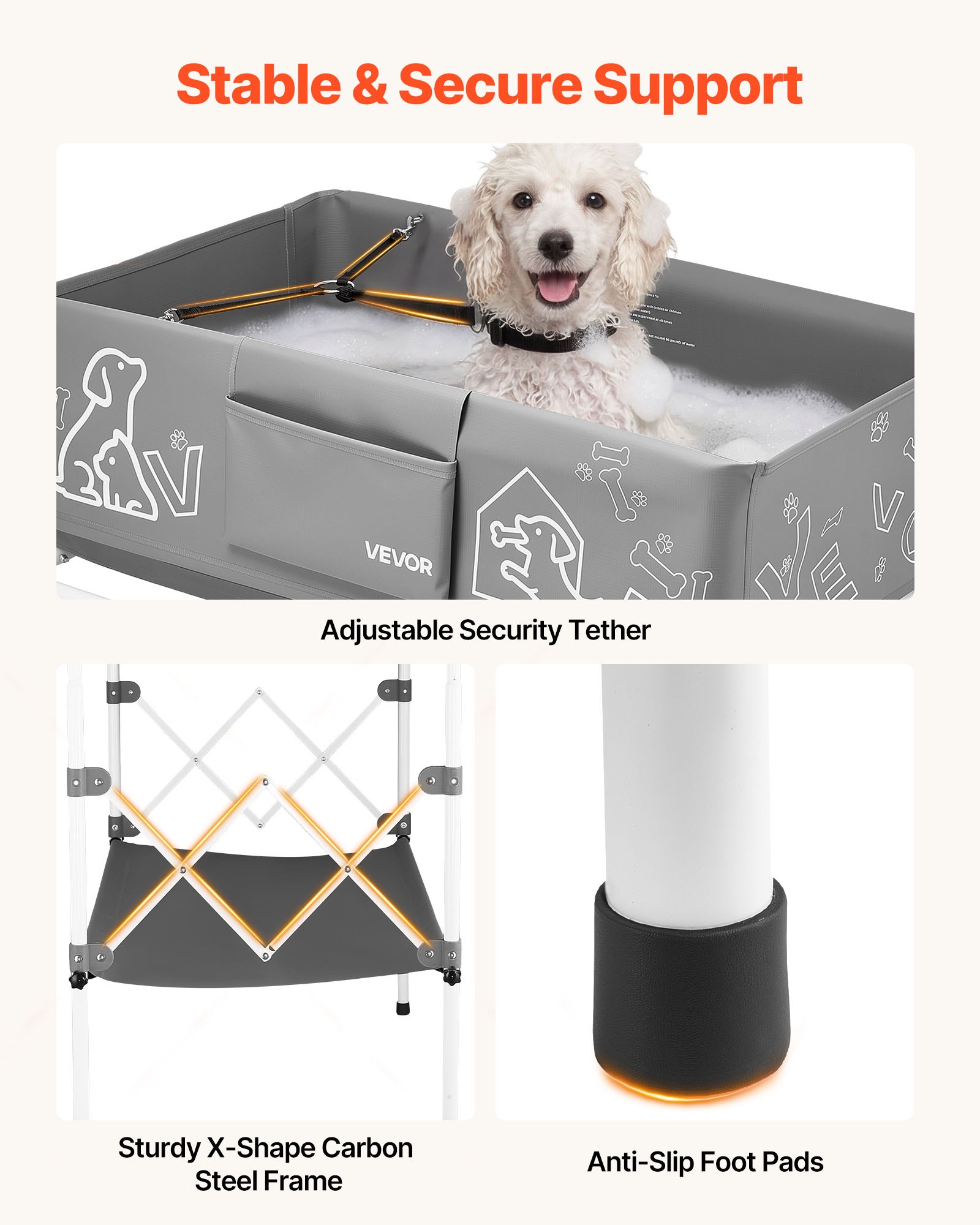 VEVOR Vasca Rialzata da Bagno per Animali Domestici in Tessuto Morbido, Vasca Pieghevole per Cani, Stazione di Lavaggio e Toelettatura Portatile Salvaspazio, con Tubo di Scarico per Esterni e Interni