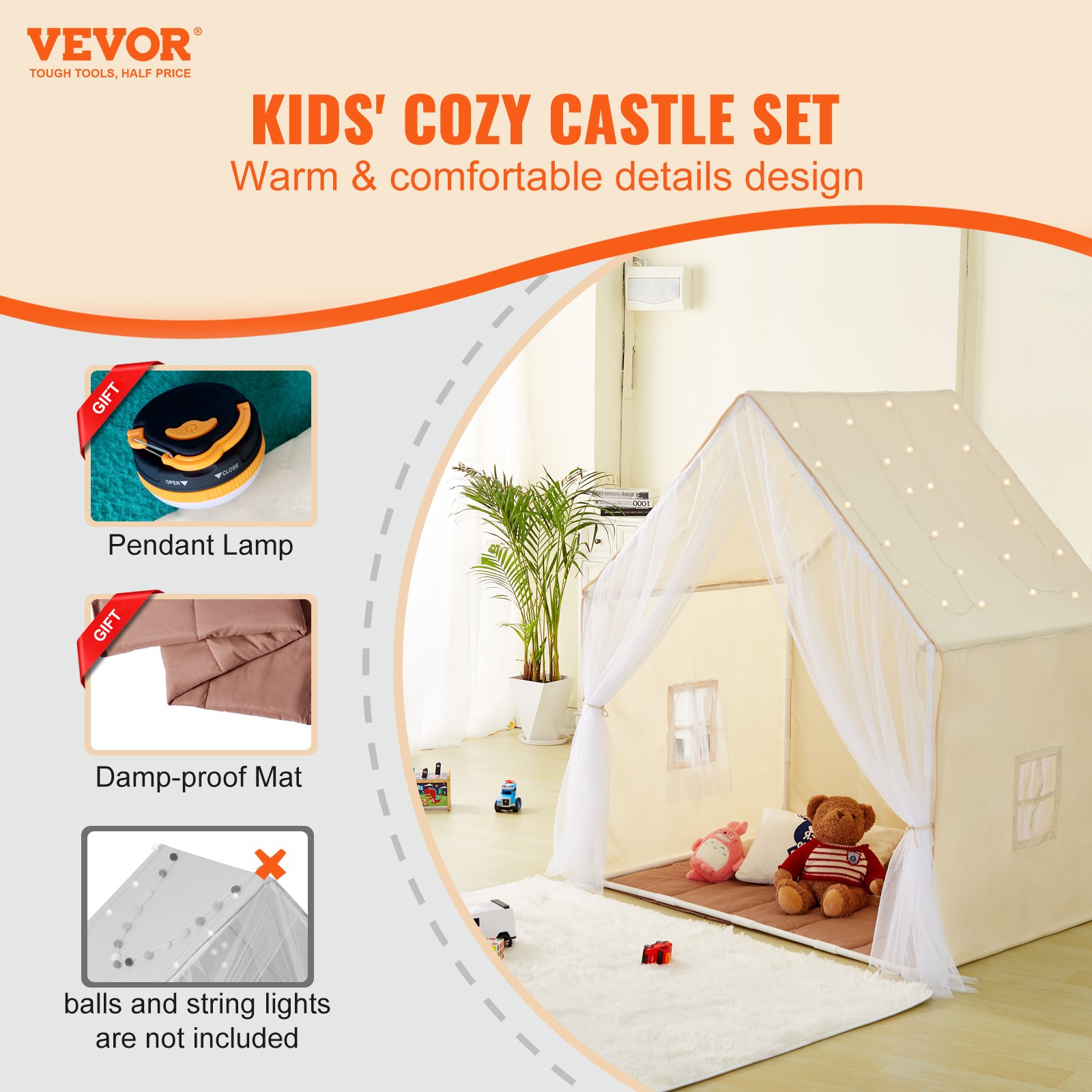 VEVOR Children's Play Tent, Kids' Tent for Children 1-5 Years Old, Toddler Tent with Mat and Tent Lamp, Children's Tent with Windows for Indoor and Outdoor Use, Beige Yurt Tent with 1 Door and 2 Windows