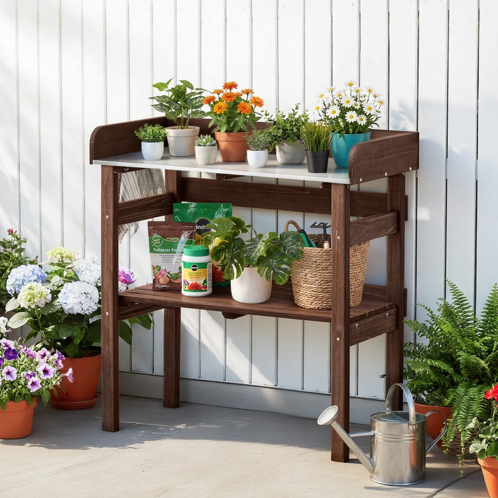 VEVOR Tavolo da Giardinaggio, Postazione di Lavoro per Giardinaggio all'Aperto con Piano in Legno da 78 x 38 cm, Ripiani Portaoggetti, Ganci, per Patio Esterno, Cortile, Balcone, Marrone