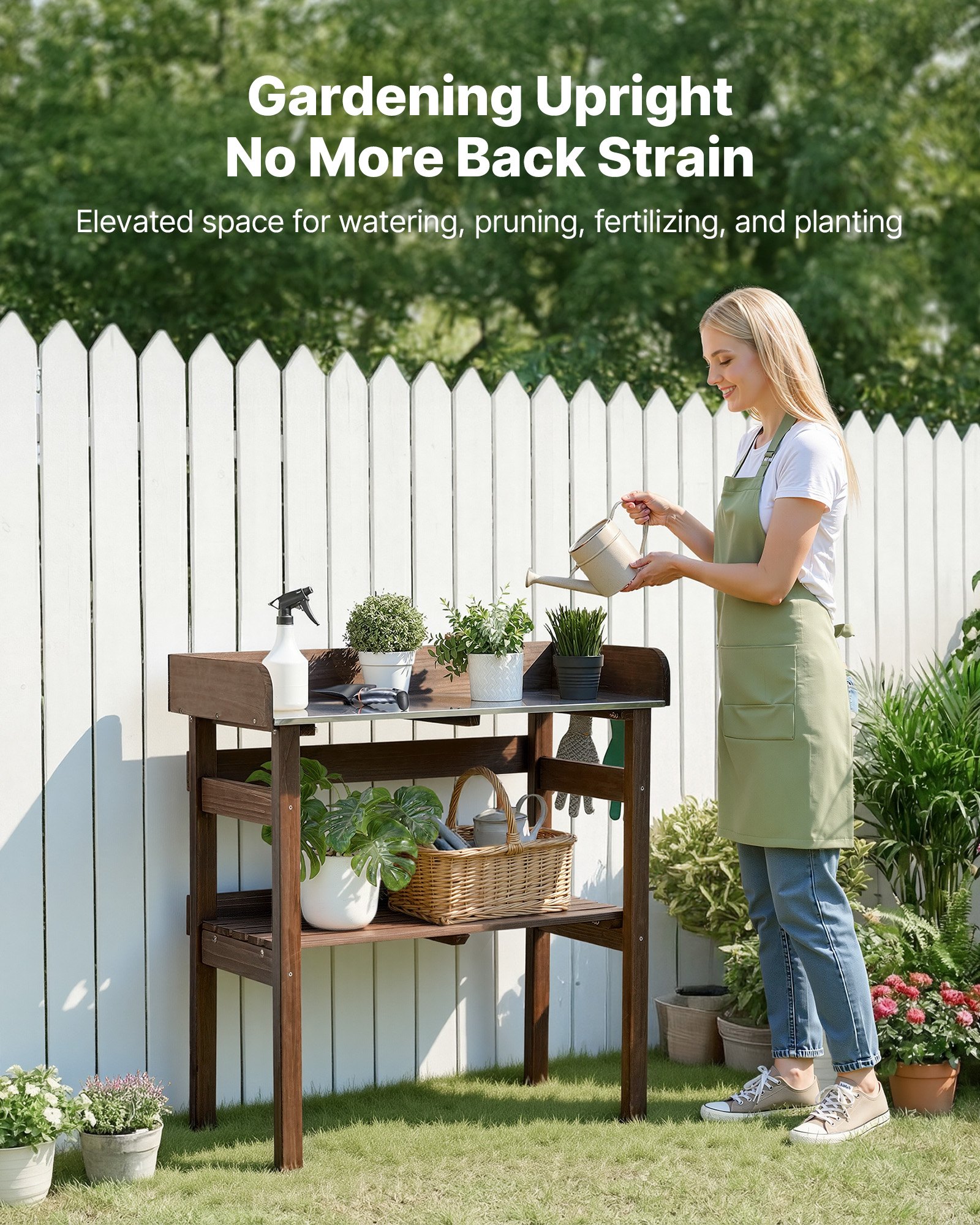 VEVOR Tavolo da Giardinaggio, Postazione di Lavoro per Giardinaggio all'Aperto con Piano in Legno da 78 x 38 cm, Ripiani Portaoggetti, Ganci, per Patio Esterno, Cortile, Balcone, Marrone