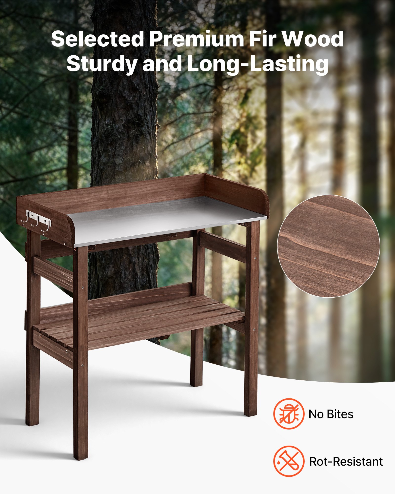 VEVOR Tavolo da Giardinaggio, Postazione di Lavoro per Giardinaggio all'Aperto con Piano in Legno da 78 x 38 cm, Ripiani Portaoggetti, Ganci, per Patio Esterno, Cortile, Balcone, Marrone