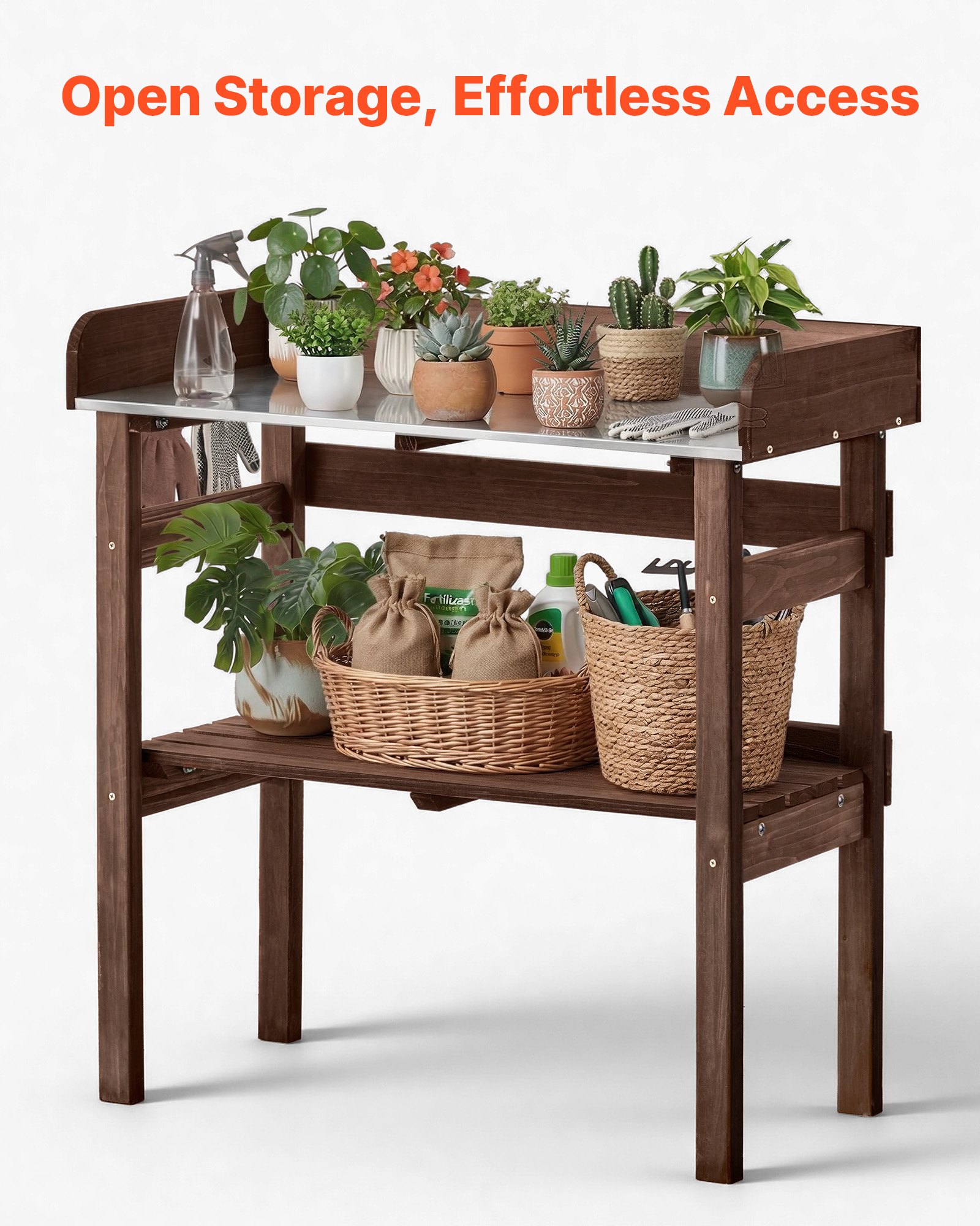 VEVOR Tavolo da Giardinaggio, Postazione di Lavoro per Giardinaggio all'Aperto con Piano in Legno da 78 x 38 cm, Ripiani Portaoggetti, Ganci, per Patio Esterno, Cortile, Balcone, Marrone