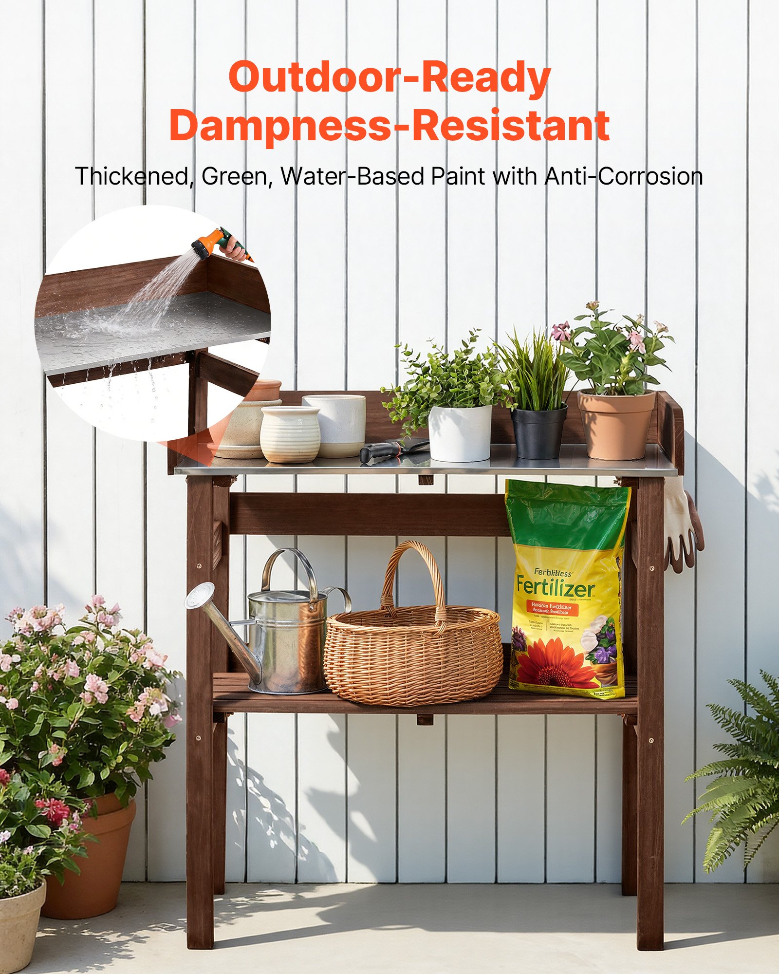 VEVOR Tavolo da Giardinaggio, Postazione di Lavoro per Giardinaggio all'Aperto con Piano in Legno da 78 x 38 cm, Ripiani Portaoggetti, Ganci, per Patio Esterno, Cortile, Balcone, Marrone