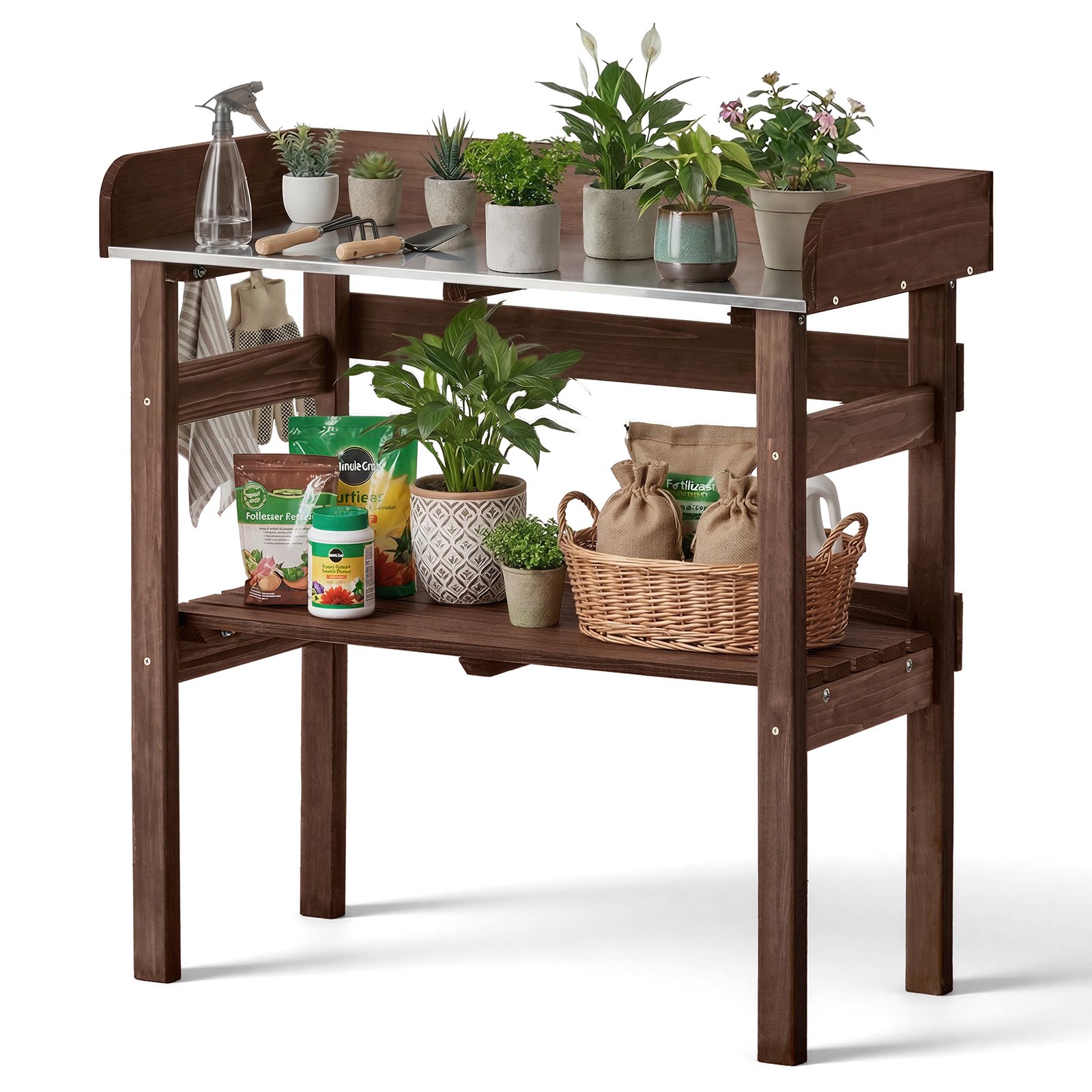VEVOR Tavolo da Giardinaggio, Postazione di Lavoro per Giardinaggio all'Aperto con Piano in Legno da 78 x 38 cm, Ripiani Portaoggetti, Ganci, per Patio Esterno, Cortile, Balcone, Marrone