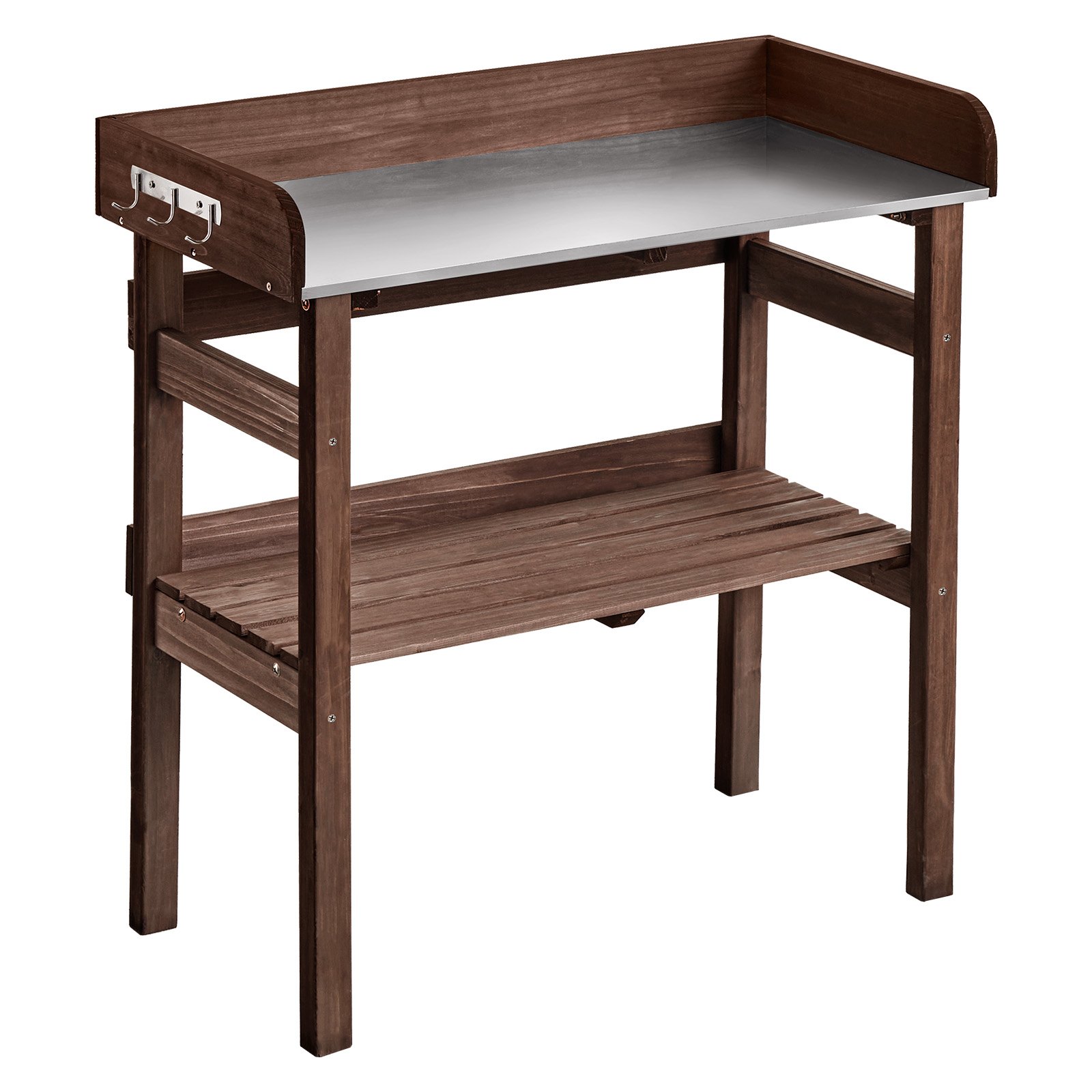 VEVOR Tavolo da Giardinaggio, Postazione di Lavoro per Giardinaggio all'Aperto con Piano in Legno da 78 x 38 cm, Ripiani Portaoggetti, Ganci, per Patio Esterno, Cortile, Balcone, Marrone