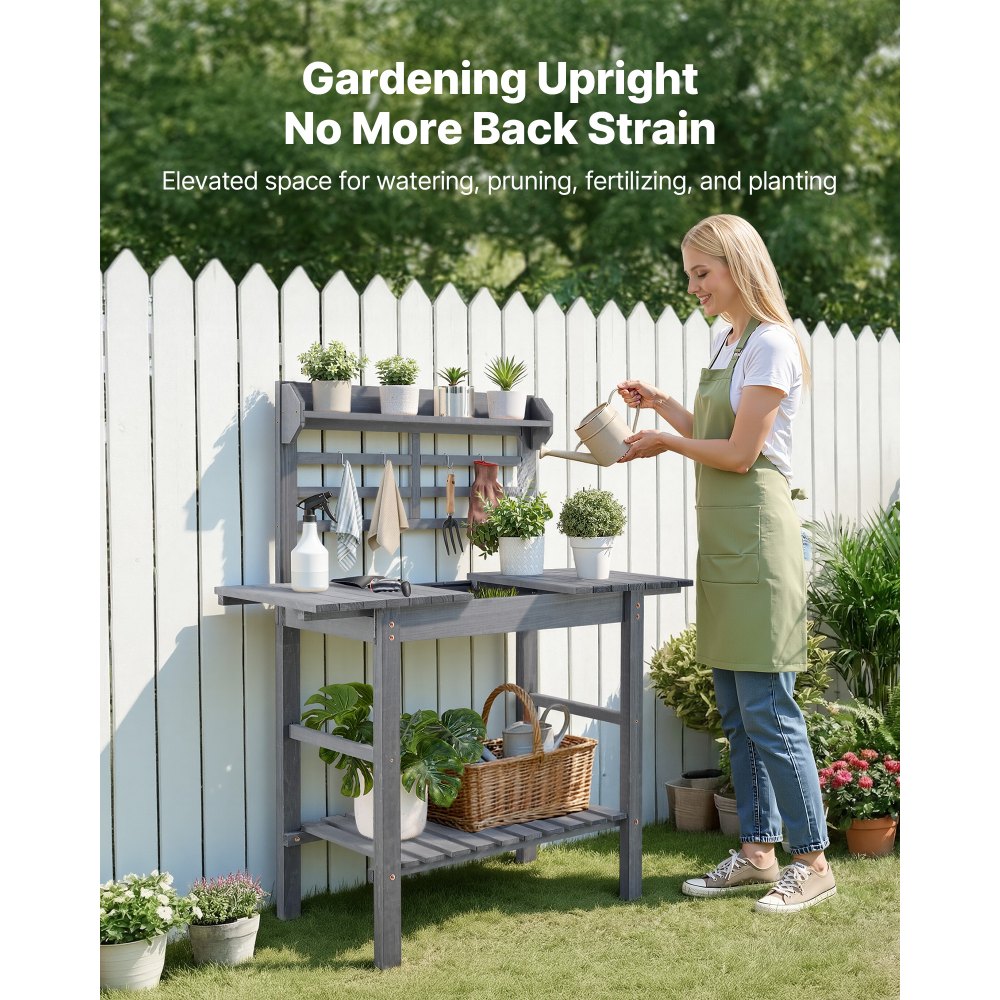 VEVOR Tavolo da Giardinaggio da Esterno, Postazione di Lavoro per Esterni con Lavello, Piano in Legno Regolabile da 94 a 140 cm, con Ripiani Portaoggetti, Ganci per Patio, Cortile, Grigio Classico