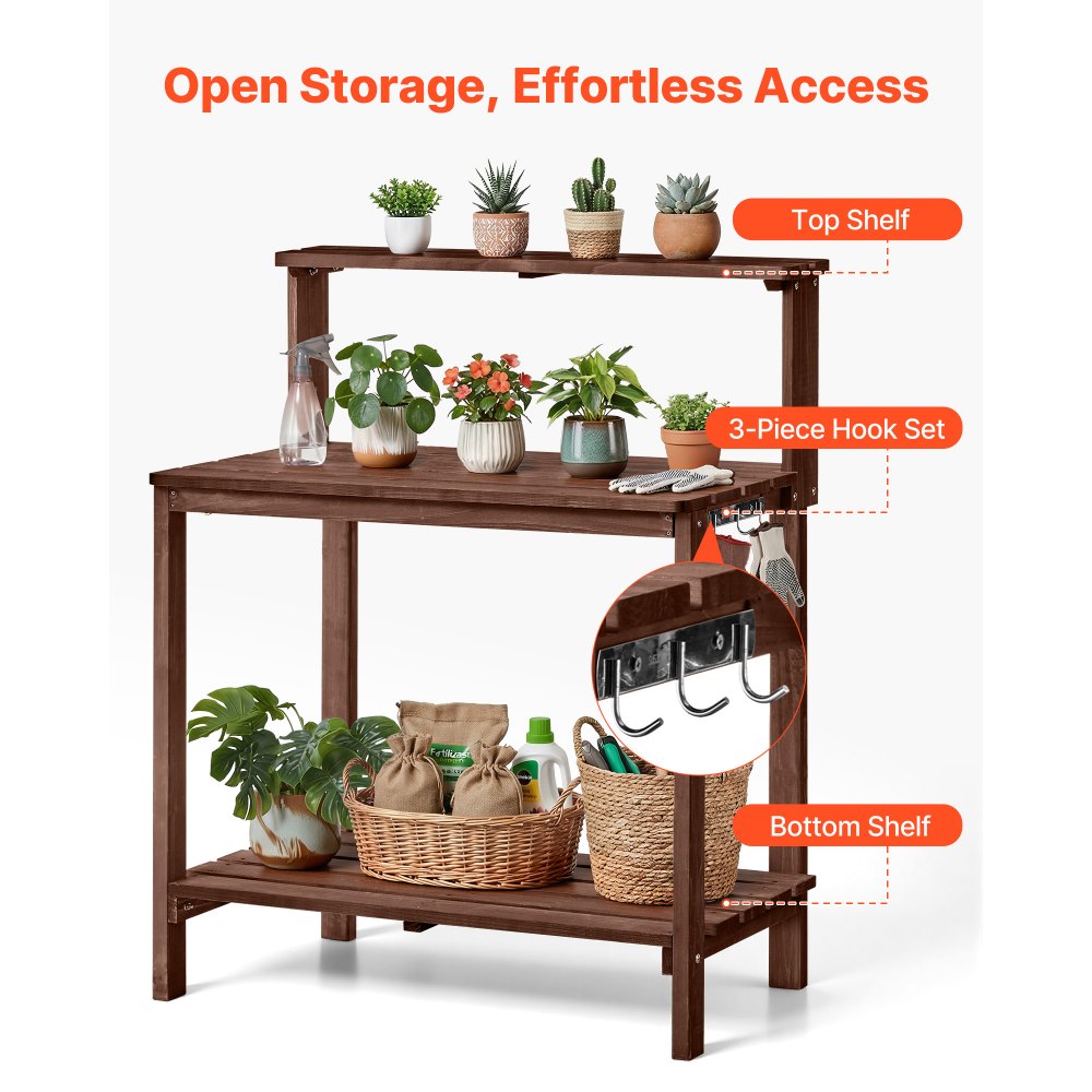 VEVOR Armadietto Banco per Giardinaggio, Postazione di Lavoro per Giardinaggio all'Aperto con Piano in Legno da 91 x 49,5 cm, con Ripiani Portaoggetti, Gancio per Patio Esterno, Cortile, Marrone