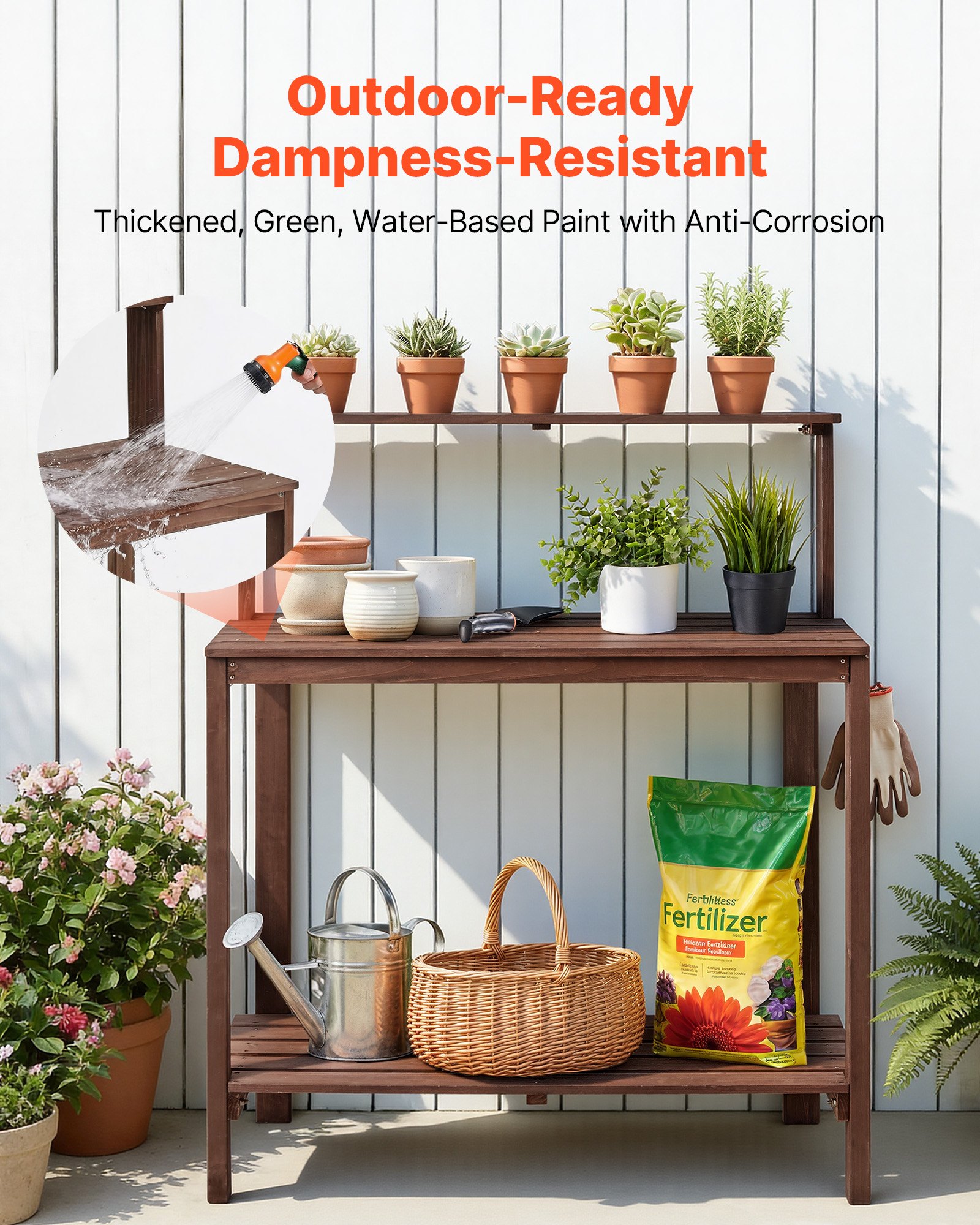 VEVOR Armadietto Banco per Giardinaggio, Postazione di Lavoro per Giardinaggio all'Aperto con Piano in Legno da 91 x 49,5 cm, con Ripiani Portaoggetti, Gancio per Patio Esterno, Cortile, Marrone