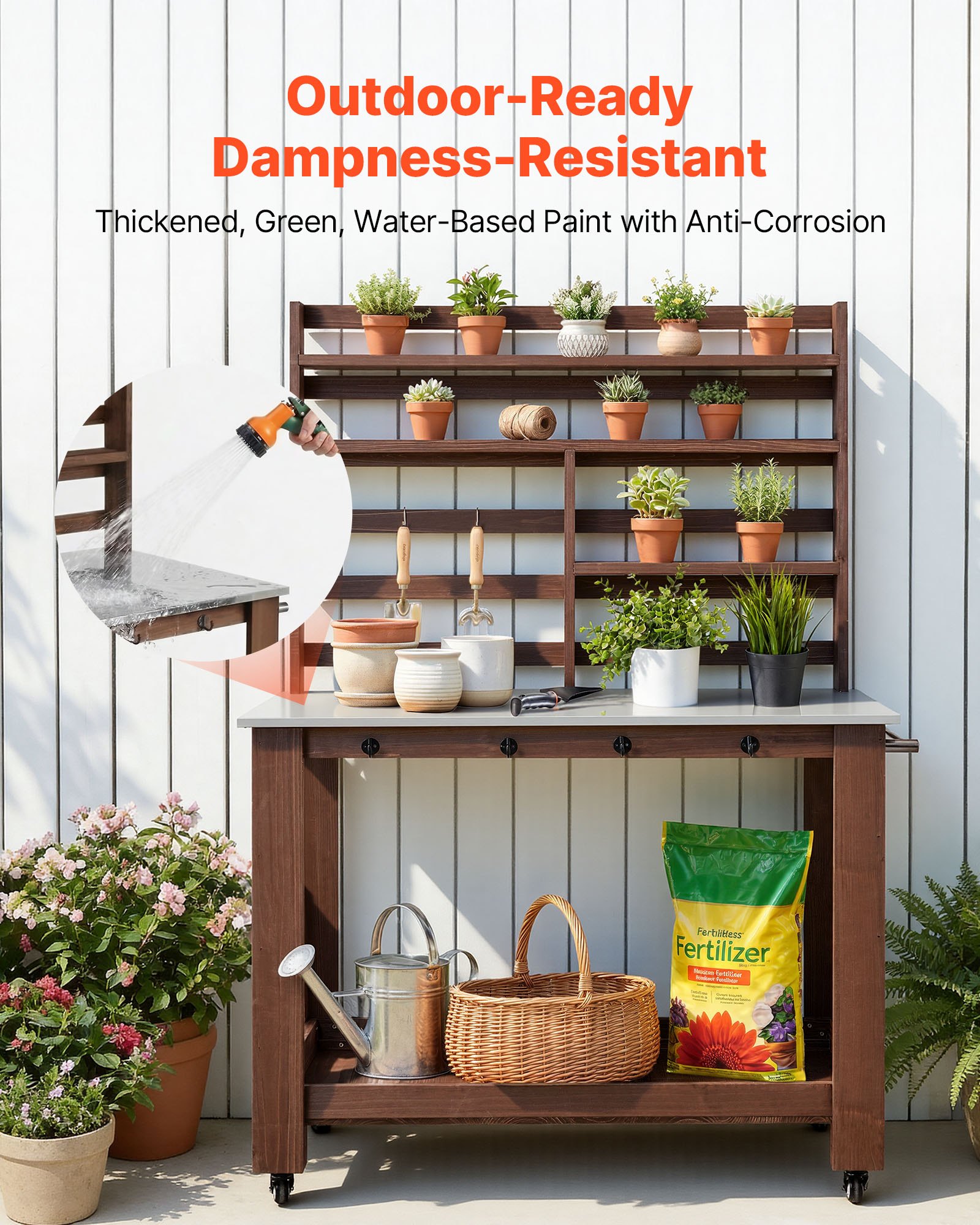 VEVOR Tavolo da Giardinaggio da Esterno, Postazione di Lavoro per Giardinaggio all'Aperto con Piano in Acciaio Inossidabile da 115 x 66 cm, Ripiani Portaoggetti, 4 Ruote, Ganci, per Cortile, Marrone