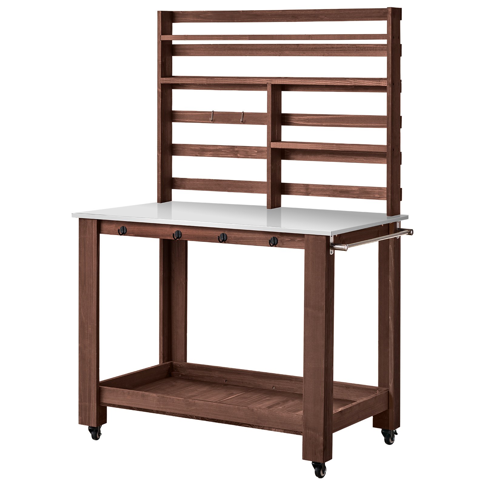 VEVOR Tavolo da Giardinaggio da Esterno, Postazione di Lavoro per Giardinaggio all'Aperto con Piano in Acciaio Inossidabile da 115 x 66 cm, Ripiani Portaoggetti, 4 Ruote, Ganci, per Cortile, Marrone