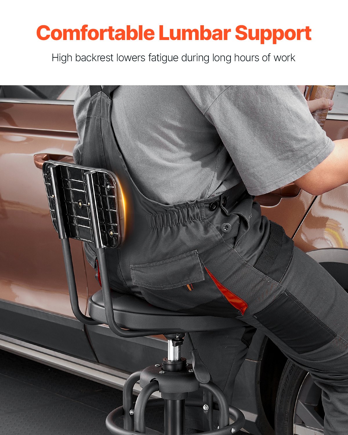 VEVOR Sgabello da Officina Girevole a 360° con Schienale, Sgabello da Lavoro con Capacità di 136 kg Sedile con Rotelle Regolabile in Altezza, per Garage, Officina e Riparazione Auto, Nero