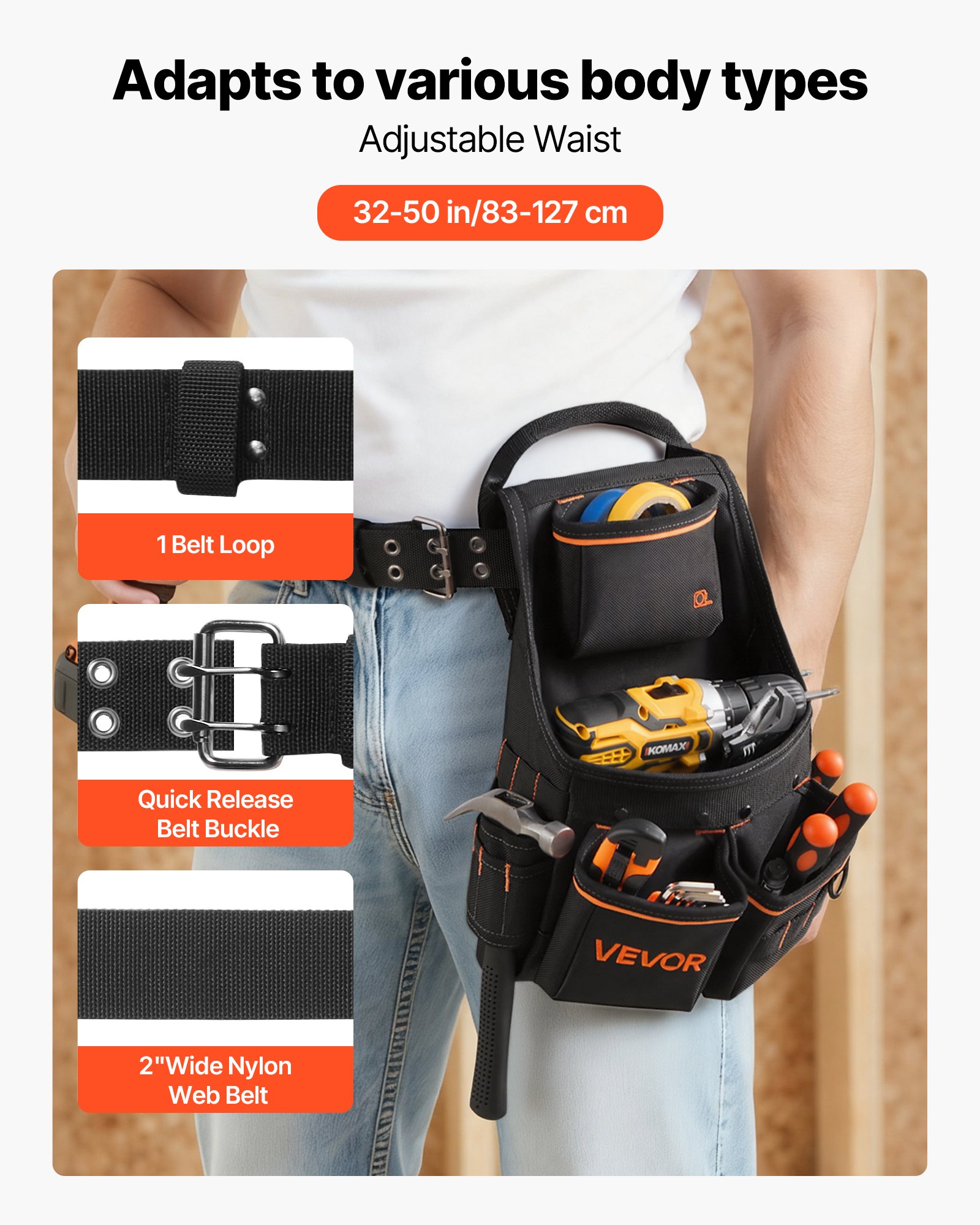 VEVOR Cintura Porta Attrezzi da Carpentiere Professionale con 14 Tasche, Borsa da Lavoro Robusta e Regolabile per Elettricisti, Carpentieri, Edilizia, Regolabile in Vita da 83 a 127 cm