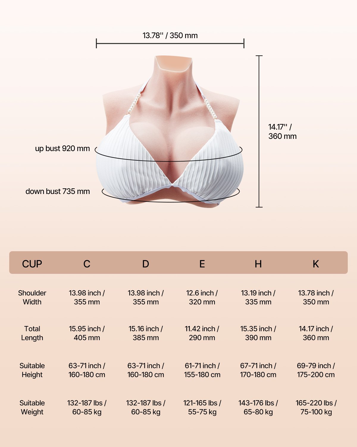 VEVOR Seni Finti in Silicone per Cosplay Carnevale, Coppa K Scollo Alto per Travestiti, Seni Finti Realistici Riempiti in Silicone Pettorale Artificiale per Crossdresser Cosplay Anime, Colore Avorio