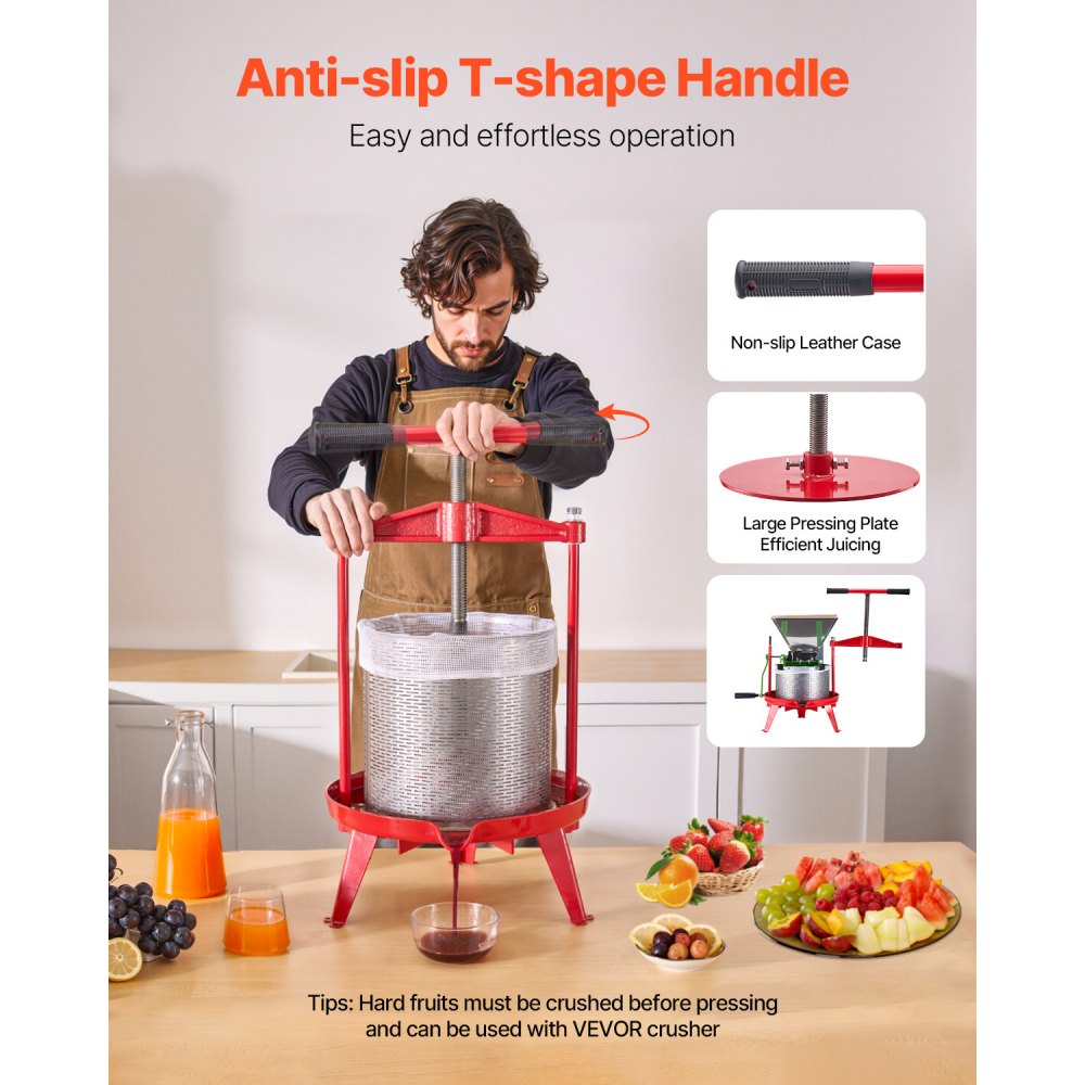 VEVOR Pressa Manuale per Vino di Frutta Cesto in Acciaio Inox 14L con Manico, Spremiagrumi Manuale per Bevande Alcoliche Pressa per Sidro, Mela, Uva, Tintura, Miele, Olio d'Oliva Cucina, Casa