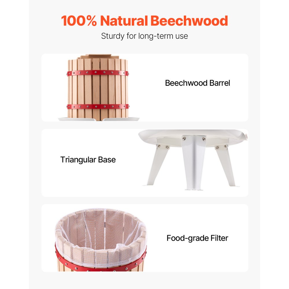 VEVOR Pressa Manuale per Vino di Frutta Cesto in Legno Massello 12L con 8 Blocchi, Spremiagrumi Manuale per Bevande Alcoliche Pressa per Sidro, Mela, Uva, Tintura, Miele, Olio d'Oliva Cucina, Casa
