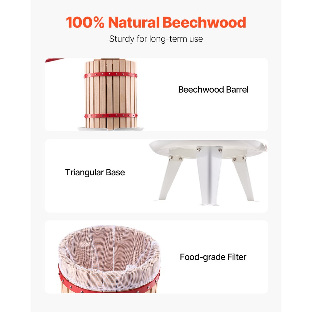 VEVOR Pressa Manuale per Vino di Frutta Cesto in Legno Massello 18L con 8 Blocchi, Spremiagrumi Manuale per Bevande Alcoliche Pressa per Sidro, Mela, Uva, Tintura, Miele, Olio d'Oliva Cucina, Casa
