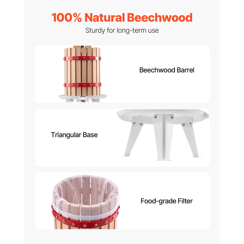 VEVOR Pressa Manuale per Vino di Frutta Cesto in Legno Massello 6L con 8 Blocchi, Spremiagrumi Manuale per Bevande Alcoliche Pressa per Sidro, Mela, Uva, Tintura, Miele, Olio d'Oliva Cucina, Casa