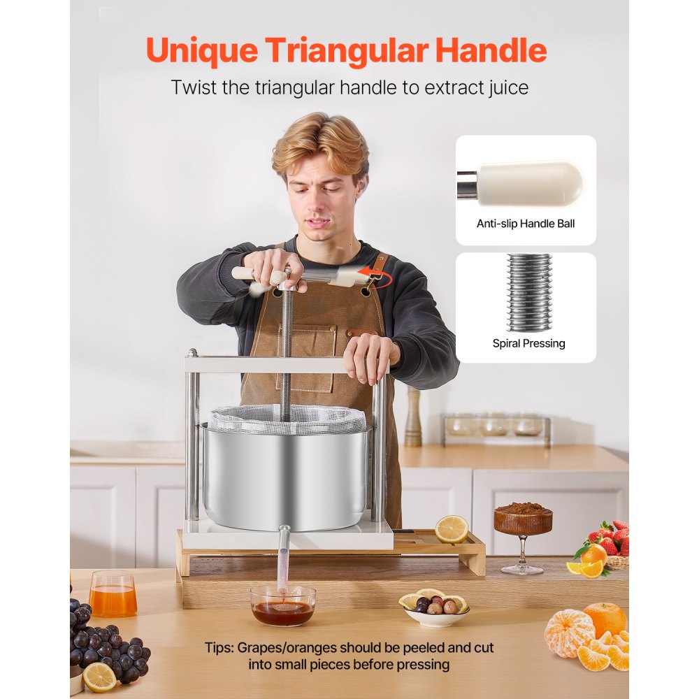 VEVOR Pressa Manuale per Vino di Frutta Cesto in Acciaio Inox 12L con Manico, Spremiagrumi Manuale per Bevande Alcoliche Pressa per Sidro, Mela, Uva, Tintura, Miele, Olio d'Oliva Cucina, Casa