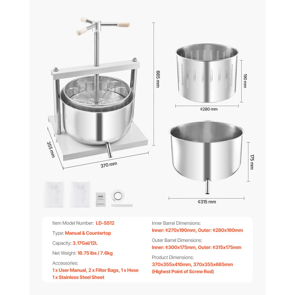 VEVOR Pressa Manuale per Vino di Frutta Cesto in Acciaio Inox 12L con Manico, Spremiagrumi Manuale per Bevande Alcoliche Pressa per Sidro, Mela, Uva, Tintura, Miele, Olio d'Oliva Cucina, Casa