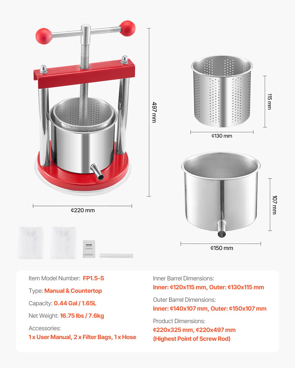 VEVOR Pressa Manuale per Vino di Frutta Cesto in Acciaio Inox 1,65L con Manico, Spremiagrumi Manuale per Bevande Alcoliche Pressa per Sidro, Mela, Uva, Tintura, Miele, Olio d'Oliva Cucina, Casa