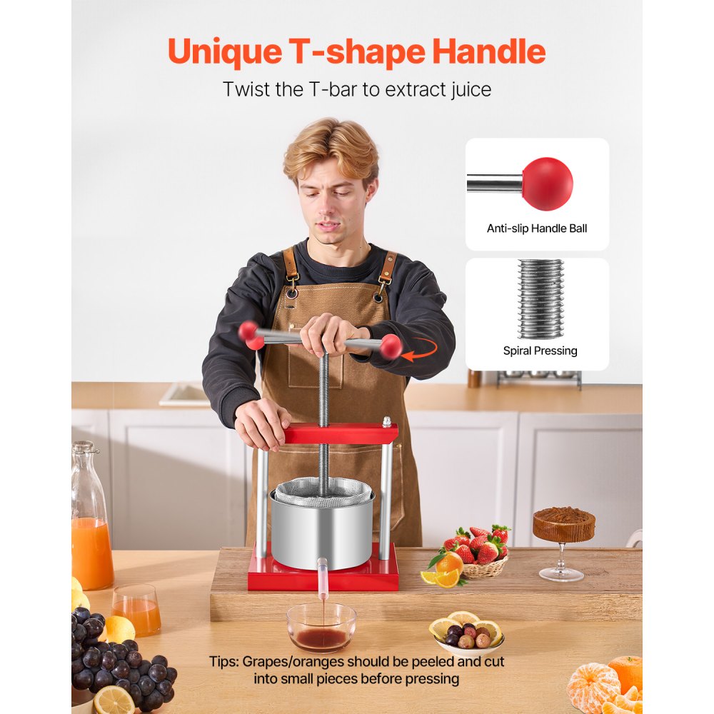 VEVOR Pressa Manuale per Vino di Frutta Cesto in Acciaio Inox 3L con Manico, Spremiagrumi Manuale per Bevande Alcoliche Pressa per Sidro, Mela, Uva, Tintura, Miele, Olio d'Oliva Cucina, Casa