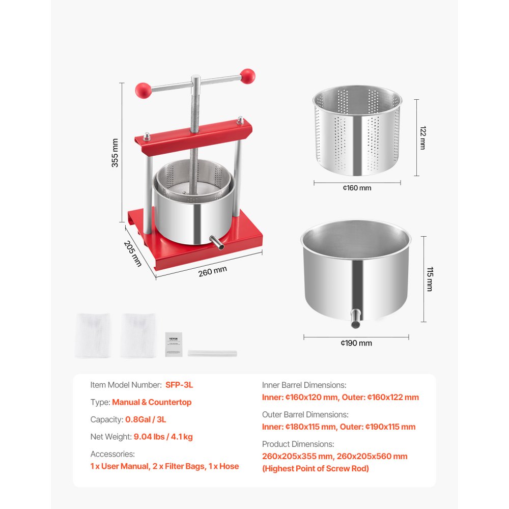 VEVOR Pressa Manuale per Vino di Frutta Cesto in Acciaio Inox 3L con Manico, Spremiagrumi Manuale per Bevande Alcoliche Pressa per Sidro, Mela, Uva, Tintura, Miele, Olio d'Oliva Cucina, Casa