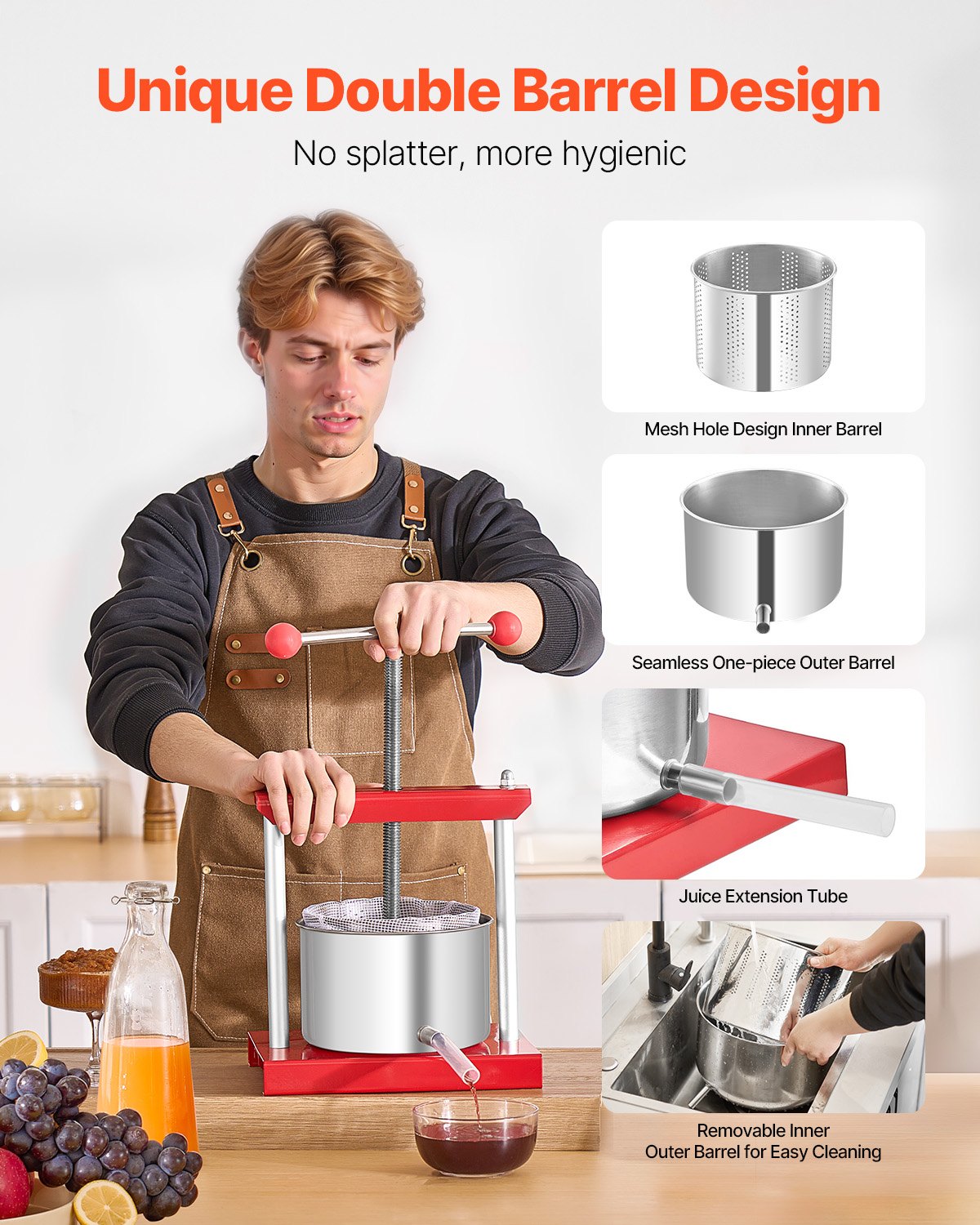 VEVOR Fruit Wine Press Apple Press (3 L) with 2 Stainless Steel Barrels, Manual Juicer, Cider Press, Grape Press, Olive Oil Press, Hand Press, Juice Press with T-Handle for Kitchen