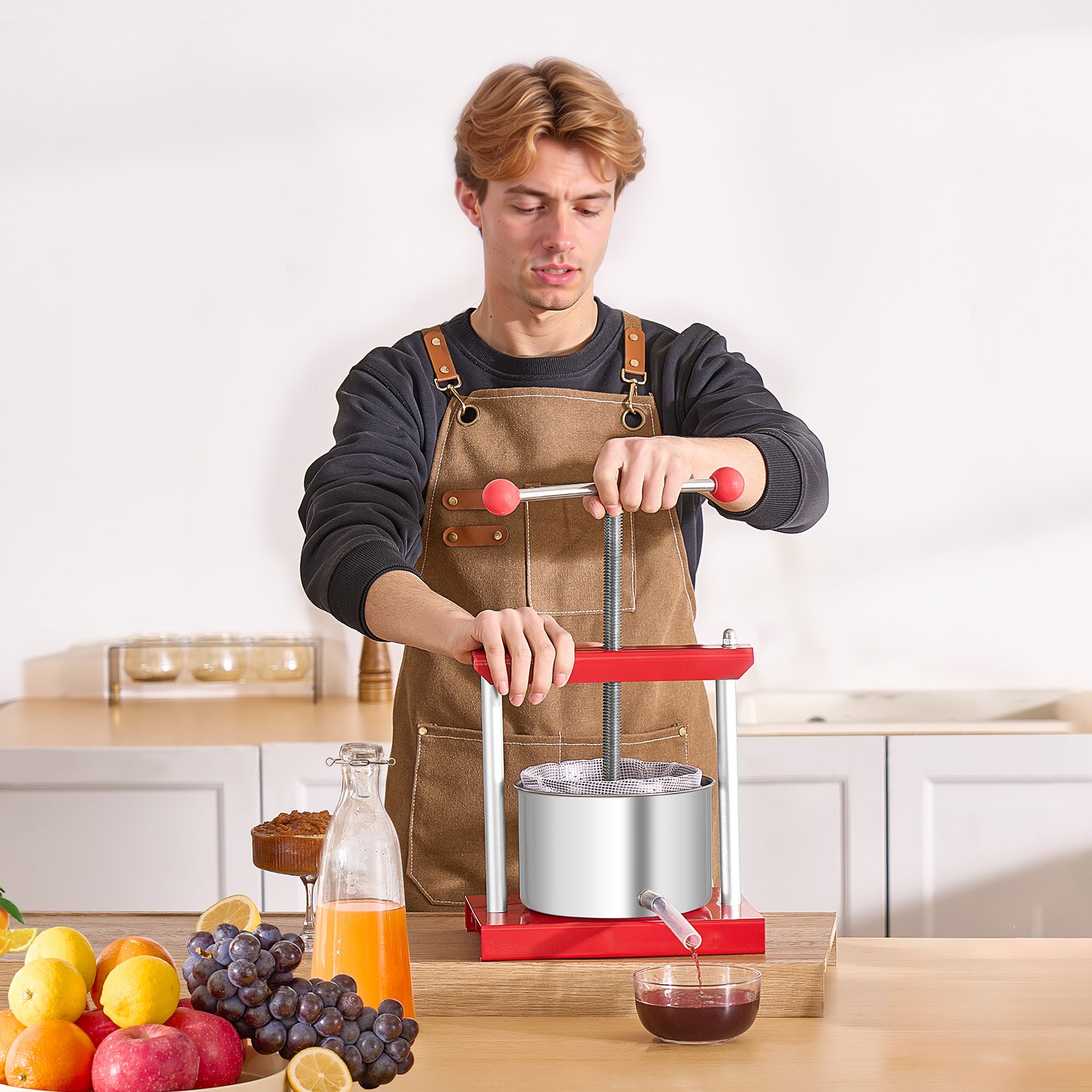 VEVOR Fruit Wine Press Apple Press (3 L) with 2 Stainless Steel Barrels, Manual Juicer, Cider Press, Grape Press, Olive Oil Press, Hand Press, Juice Press with T-Handle for Kitchen