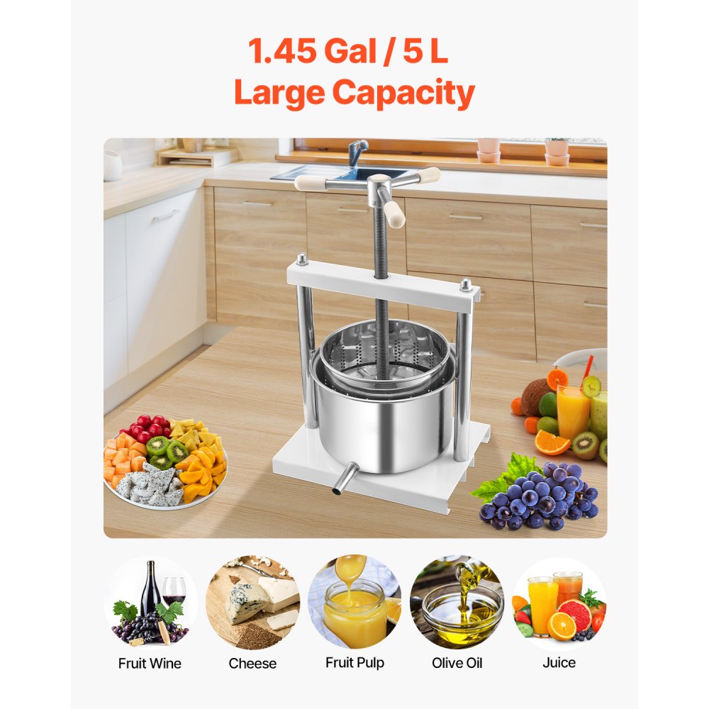 VEVOR Pressa Manuale per Vino di Frutta Cesto in Acciaio Inox 5L con Manico, Spremiagrumi Manuale per Bevande Alcoliche Pressa per Sidro, Mela, Uva, Tintura, Miele, Olio d'Oliva Cucina, Casa