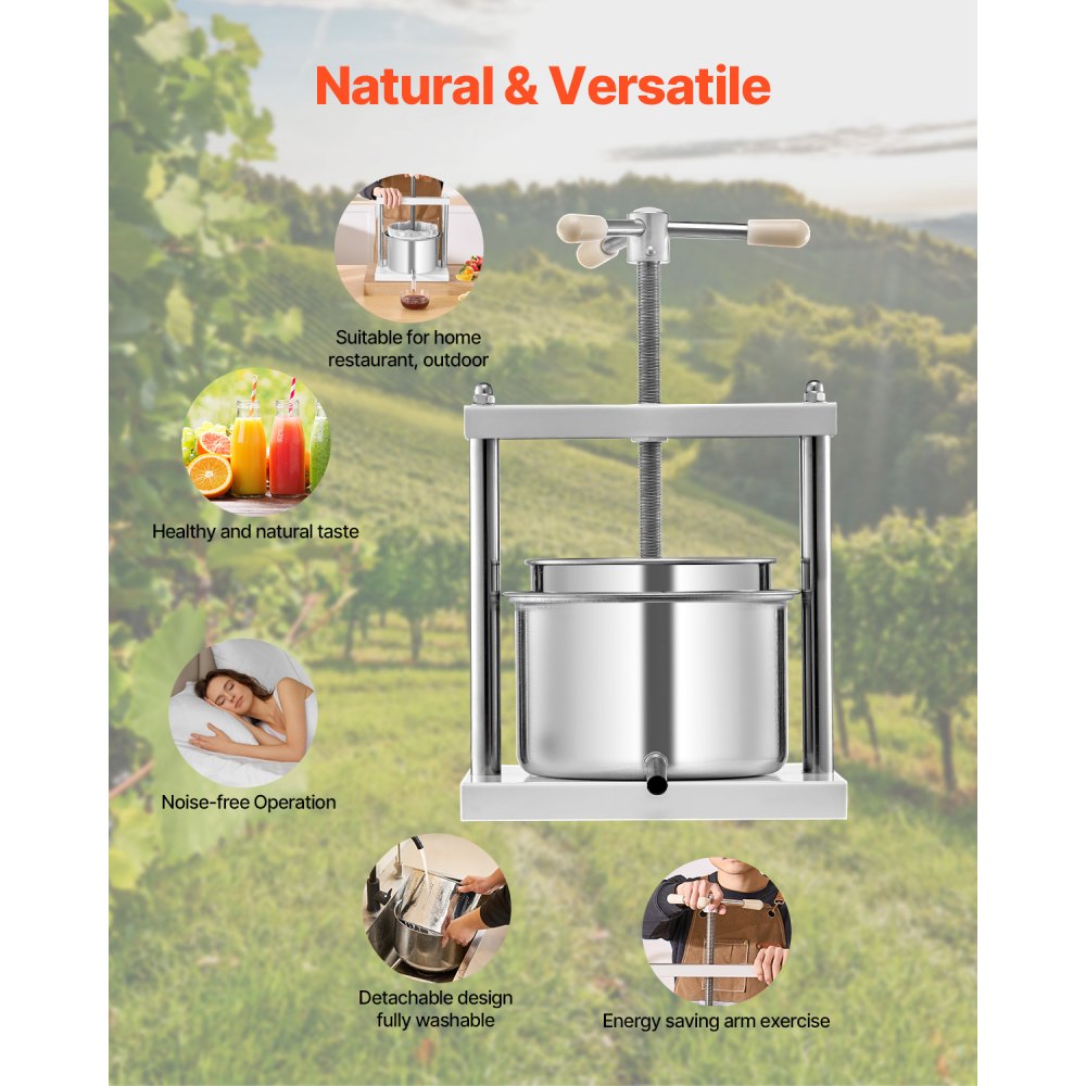 VEVOR Pressa Manuale per Vino di Frutta Cesto in Acciaio Inox 5L con Manico, Spremiagrumi Manuale per Bevande Alcoliche Pressa per Sidro, Mela, Uva, Tintura, Miele, Olio d'Oliva Cucina, Casa