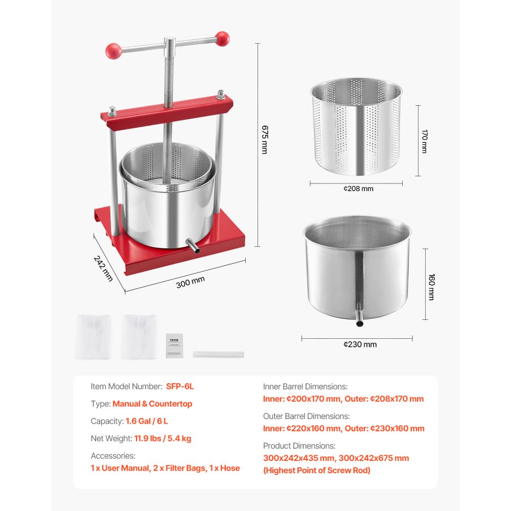 VEVOR Pressa Manuale per Vino di Frutta Cesto in Acciaio Inox 6L con Manico, Spremiagrumi Manuale per Bevande Alcoliche Pressa per Sidro, Mela, Uva, Tintura, Miele, Olio d'Oliva Cucina, Casa