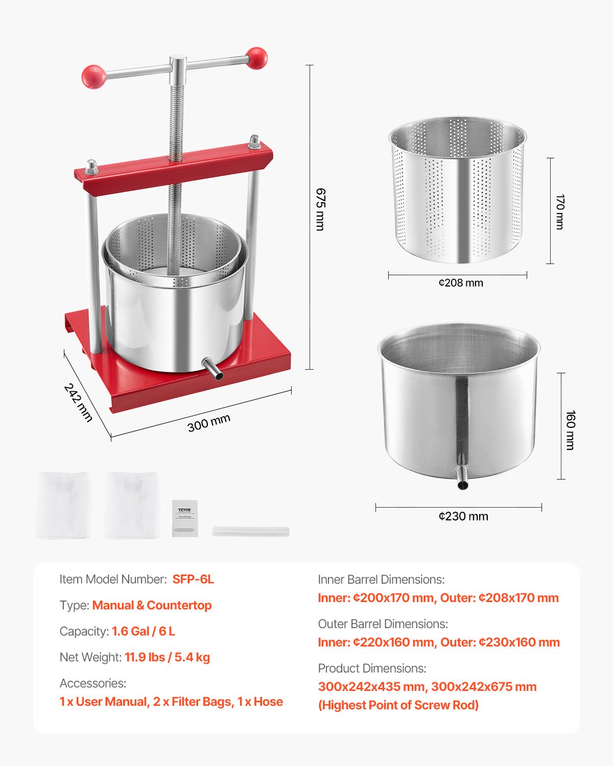 VEVOR Pressa Manuale per Vino di Frutta Cesto in Acciaio Inox 6L con Manico, Spremiagrumi Manuale per Bevande Alcoliche Pressa per Sidro, Mela, Uva, Tintura, Miele, Olio d'Oliva Cucina, Casa