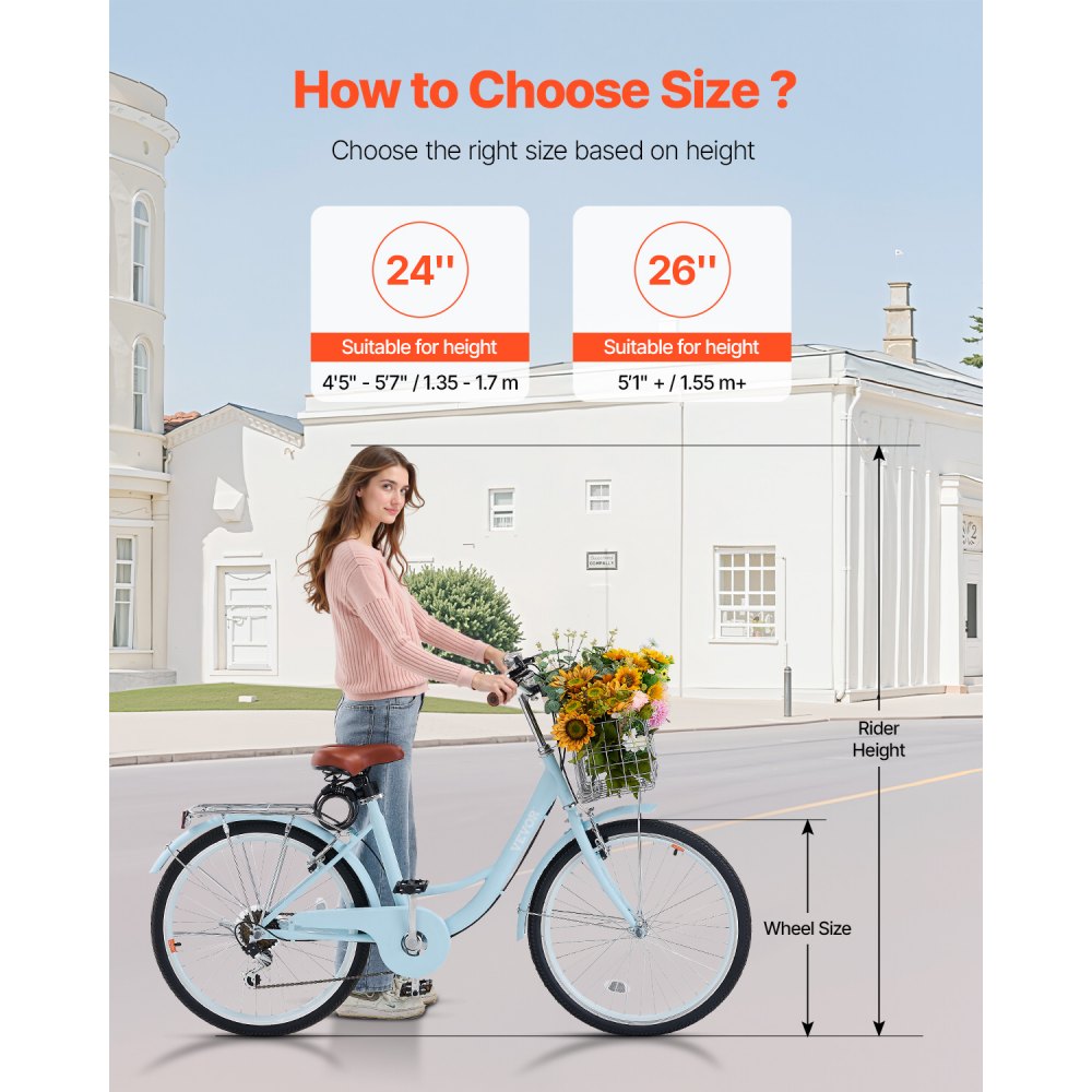 VEVOR Cruiser Bicycle with 7 gears (tire diameter 61 cm) Beach bike with large basket & luggage rack, cruiser bike with adjustable seat, for cycling, training & shopping Blue