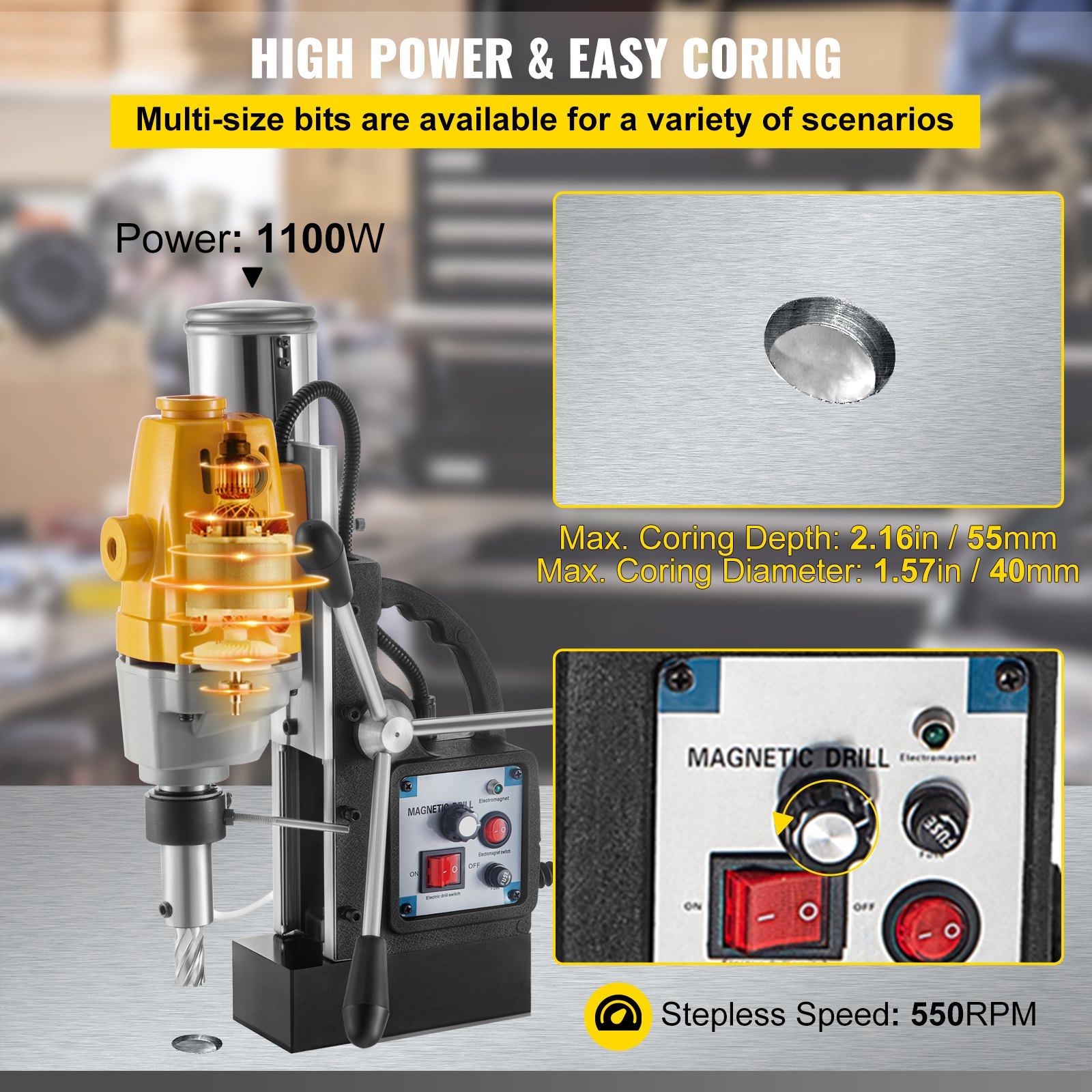 Vevor Trapano Magnetico D 40mm Trapano Colonna Potenza 1100w Velocità 550 Rpm