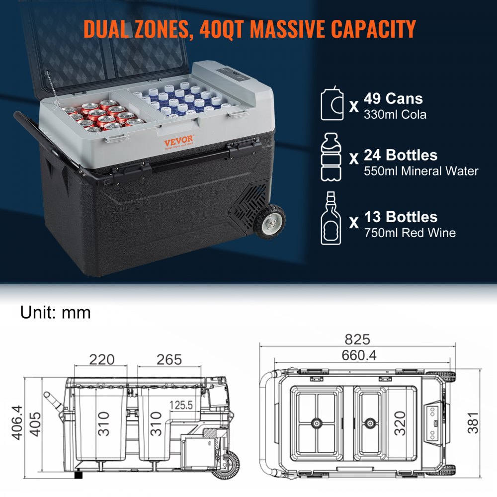 VEVOR 38 L Cooler Box 12/24 V Portable Refrigerator, Electric Freezer Box Small Freezer -20 ~ 10 ℃, Electric Compressor Cooler Box 820 x 470 x 440 mm for Car, Camping, Truck, Boat etc.