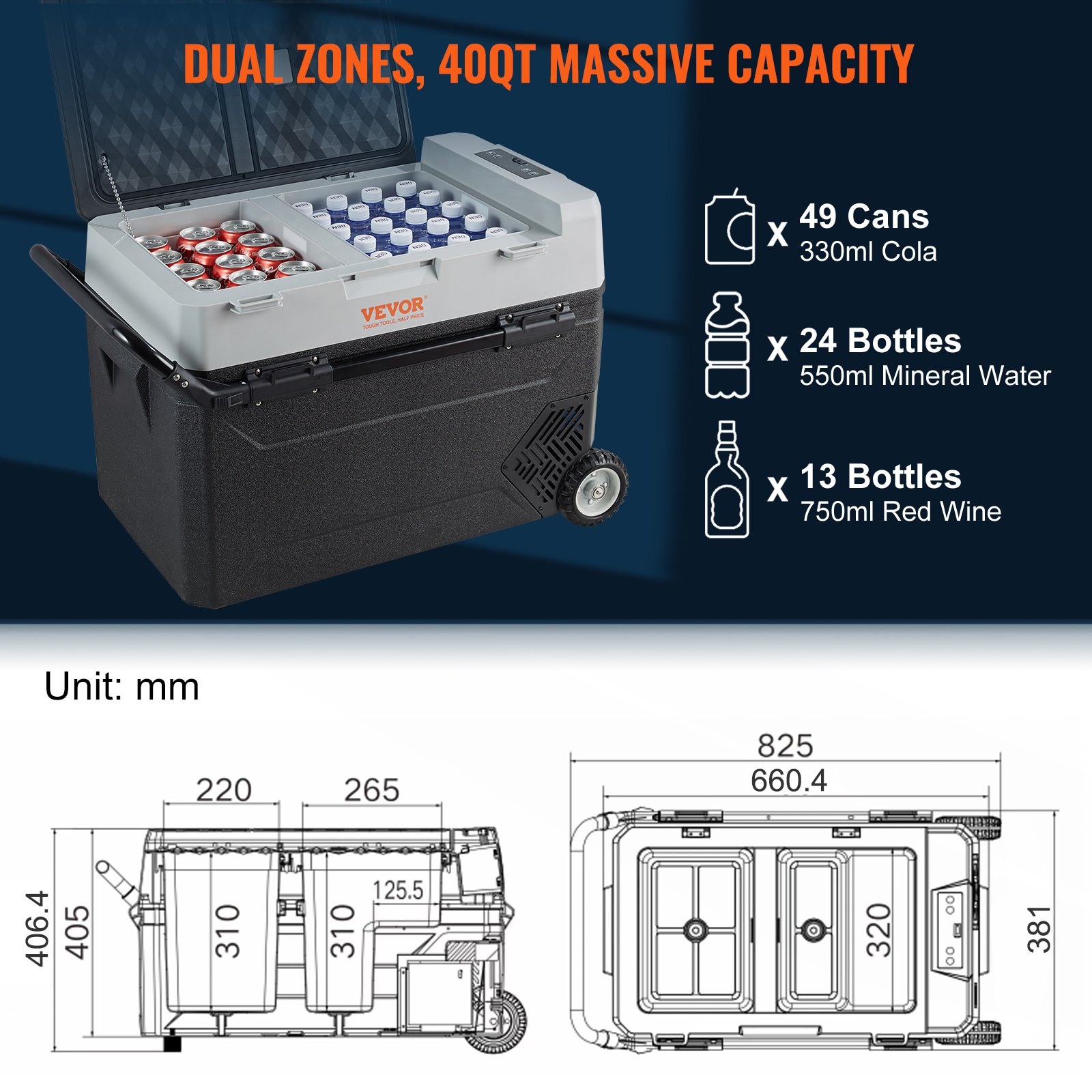 VEVOR 38 L Cooler Box 12/24 V Portable Refrigerator, Electric Freezer Box Small Freezer -20 ~ 10 ℃, Electric Compressor Cooler Box 820 x 470 x 440 mm for Car, Camping, Truck, Boat etc.