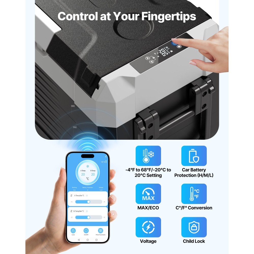 VEVOR Frigorifero Portatile da Auto con Compressore Capienza 45 Litri, Contenitore Refrigerante Doppia Zona Temperatura tra -20 a 20 °C Controllo APP, Mini Frigo per Auto Caravan da Campeggio Pesca