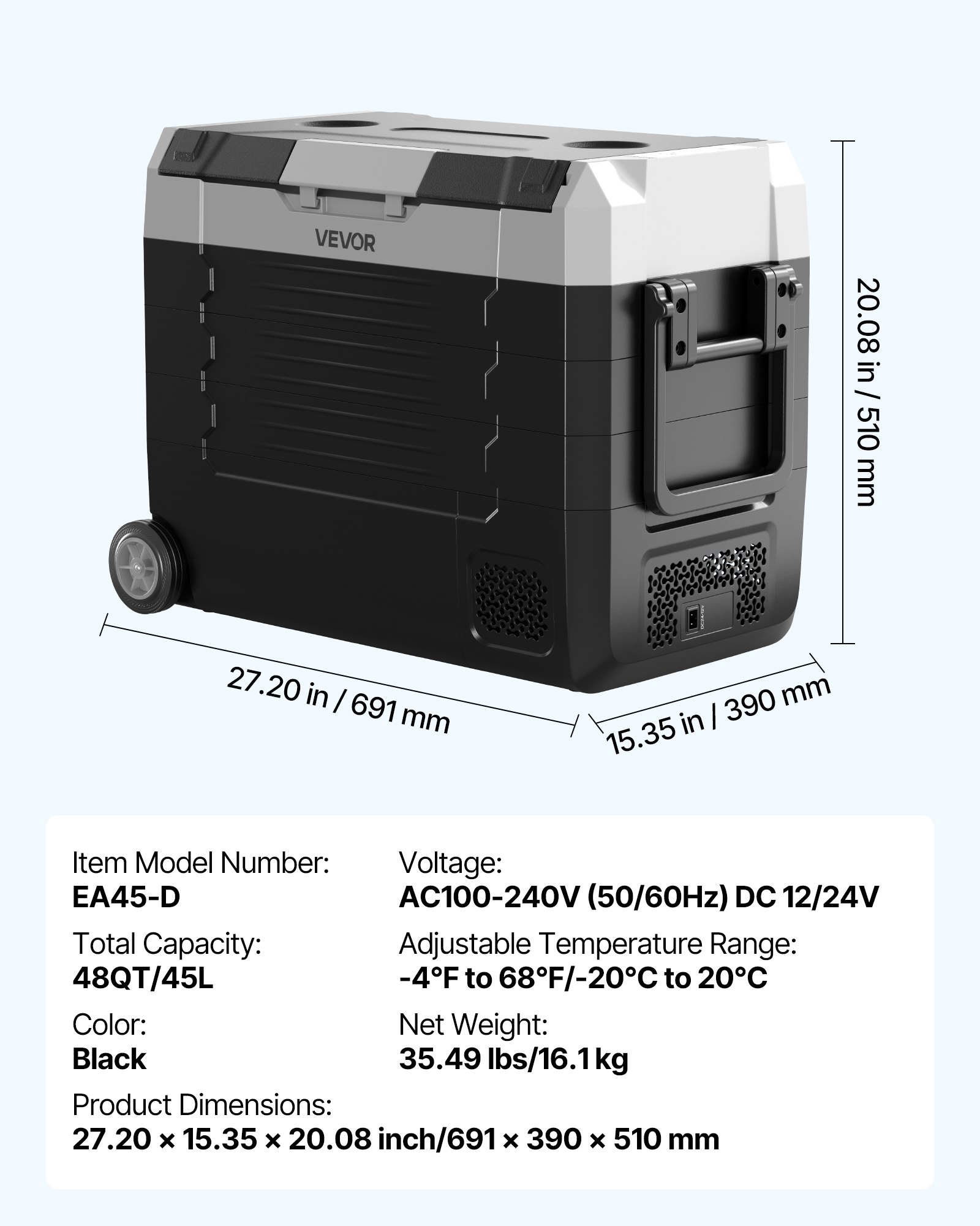 VEVOR Car Refrigerator, DC 12/24V AC100-240V Compressor Electric Cooler,-20°C to 20°C Truck Refrigerator with APP Control, Wheels & Dual Zone, 45L Cars Cooler for RVs, Boats, Camping, Fishing