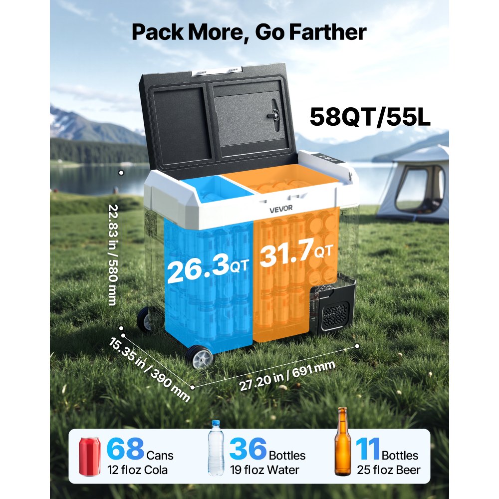VEVOR Frigorifero Portatile a Compressore da Auto CC 12V/24V CA 100-240V, Frigo Portatile per Campeggio Viaggio Pesca Capienza 55 Litri Contenitore -20 a 20 °C Doppia Zona per Caravan