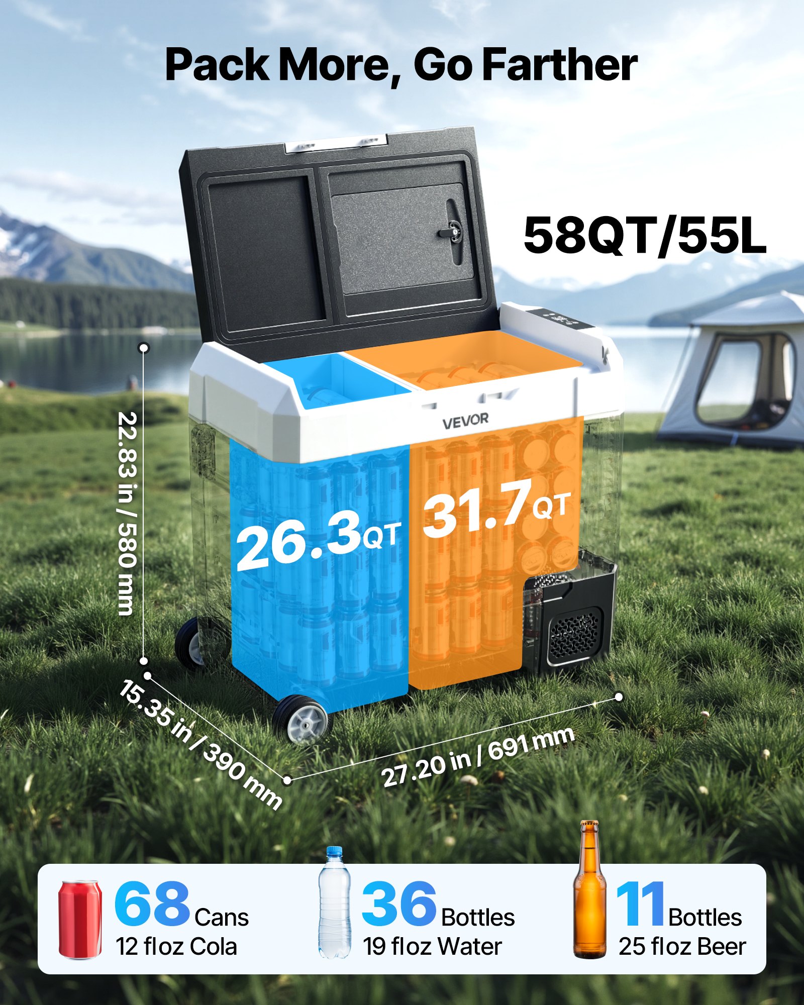 VEVOR Car Refrigerator, DC 12/24V AC100-240V Compressor Electric Cooler, -20°C to 20°C Truck Refrigerator with APP Control, Wheels & Dual Zone, 55L Cars Cooler for RVs, Boats, Camping, Fishing