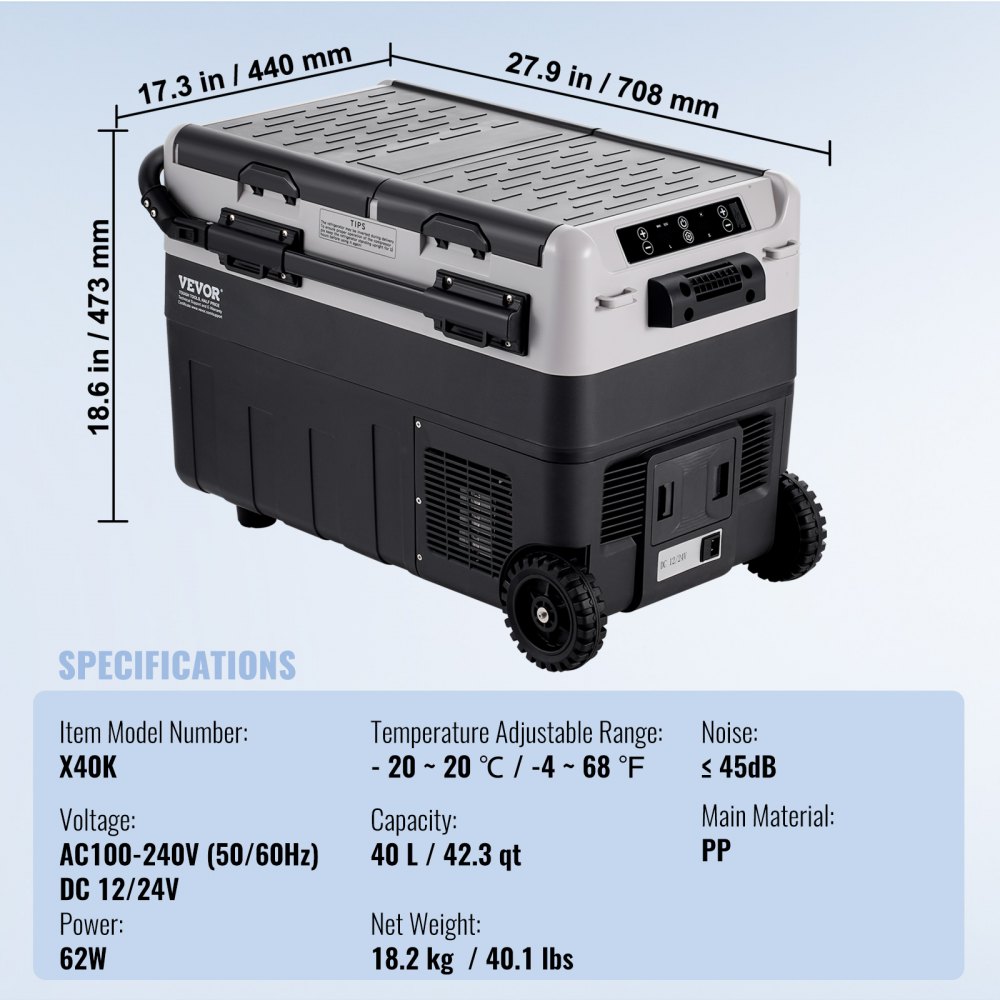VEVOR Frigorifero Portatile per Auto, Frigorifero 12 V, Congelatore Portatile a Due Zona da 40 L , Temperatura Regolabile - 20 ~ 20 ℃, Refrigeratore a Compressore per Casa, Esterno, Camper, Auto