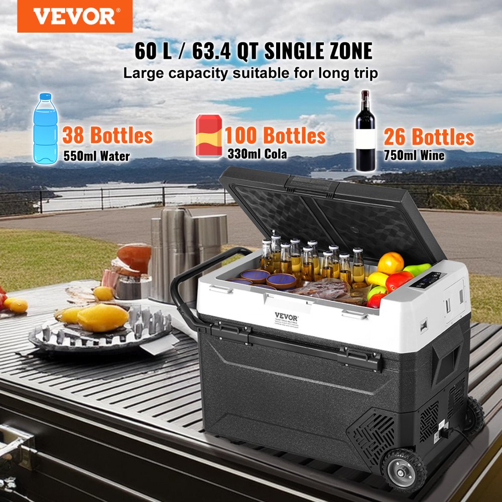 VEVOR Frigorifero Portatile per Auto, Frigorifero 12 V, Congelatore Portatile Zona Singola 60 L, Temperatura Regolabile - 20 ~ 20 ℃, Refrigeratore a Compressore per Casa, Esterno, Camper, Auto